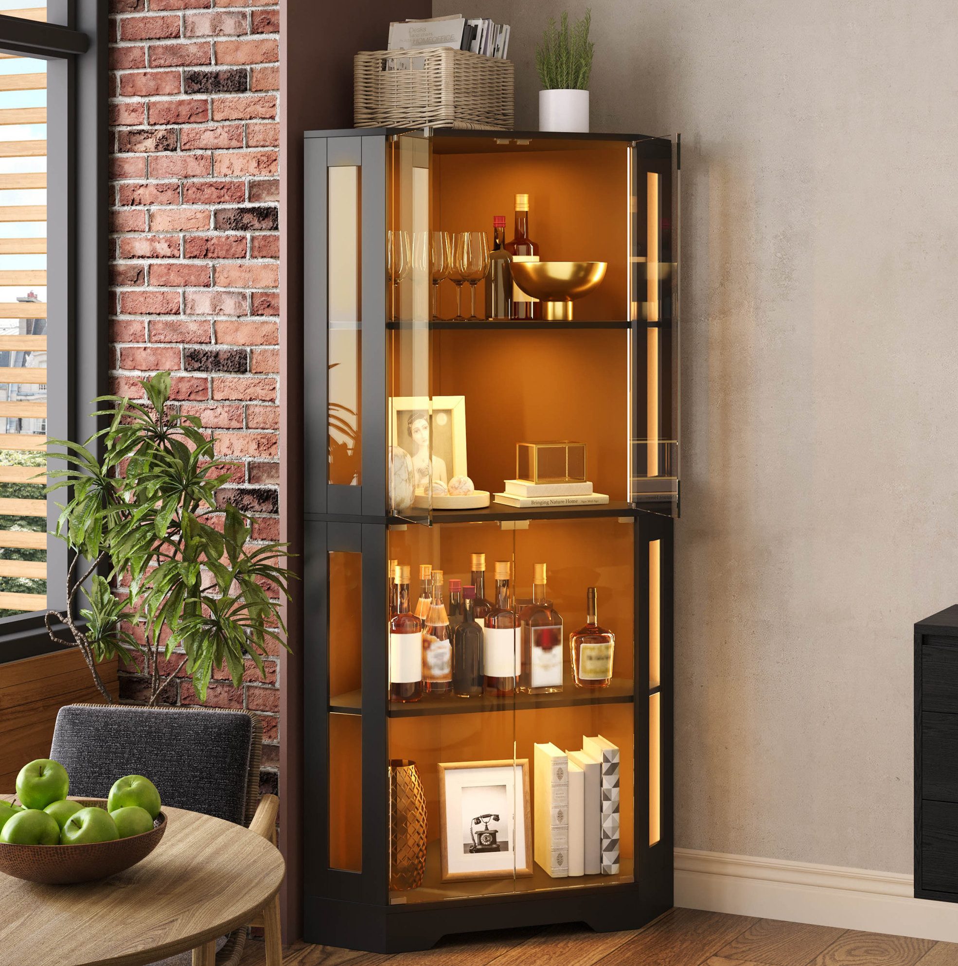 OKWISH Vitrine 165 cm Glasvitrinenschrank mit LED Eckschrank Sicherheitsglas (Packung, 1-St., Weinschrank Möbel für Küche Esszimmer mit Glasdesign Nutzung) Vitrine mit 4 Ebenen für Figuren Sammlerstücke und Dekoration