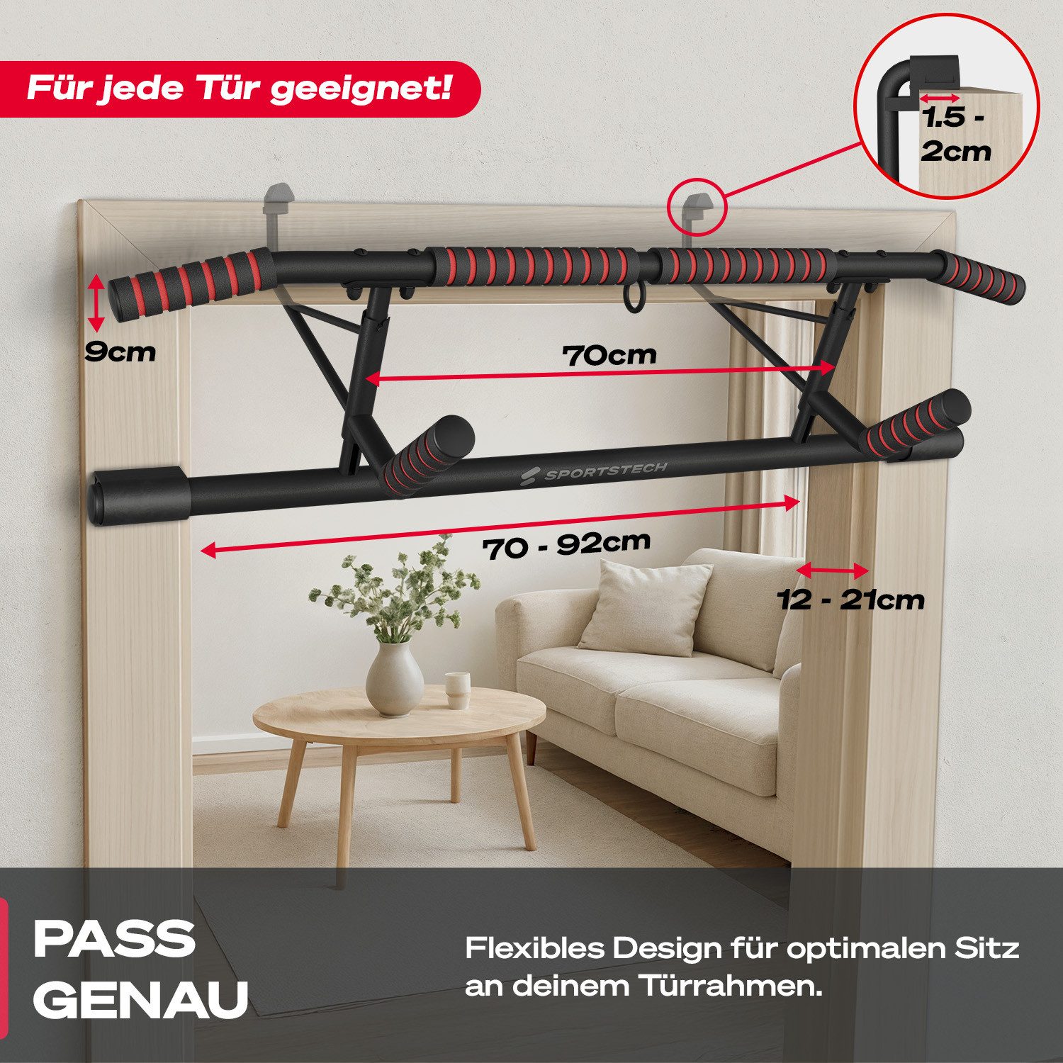 Sportstech Klimmzugstange Pullmate, Ohne Schrauben, bis 200 kg belastbar, Klappbar und verstaubar