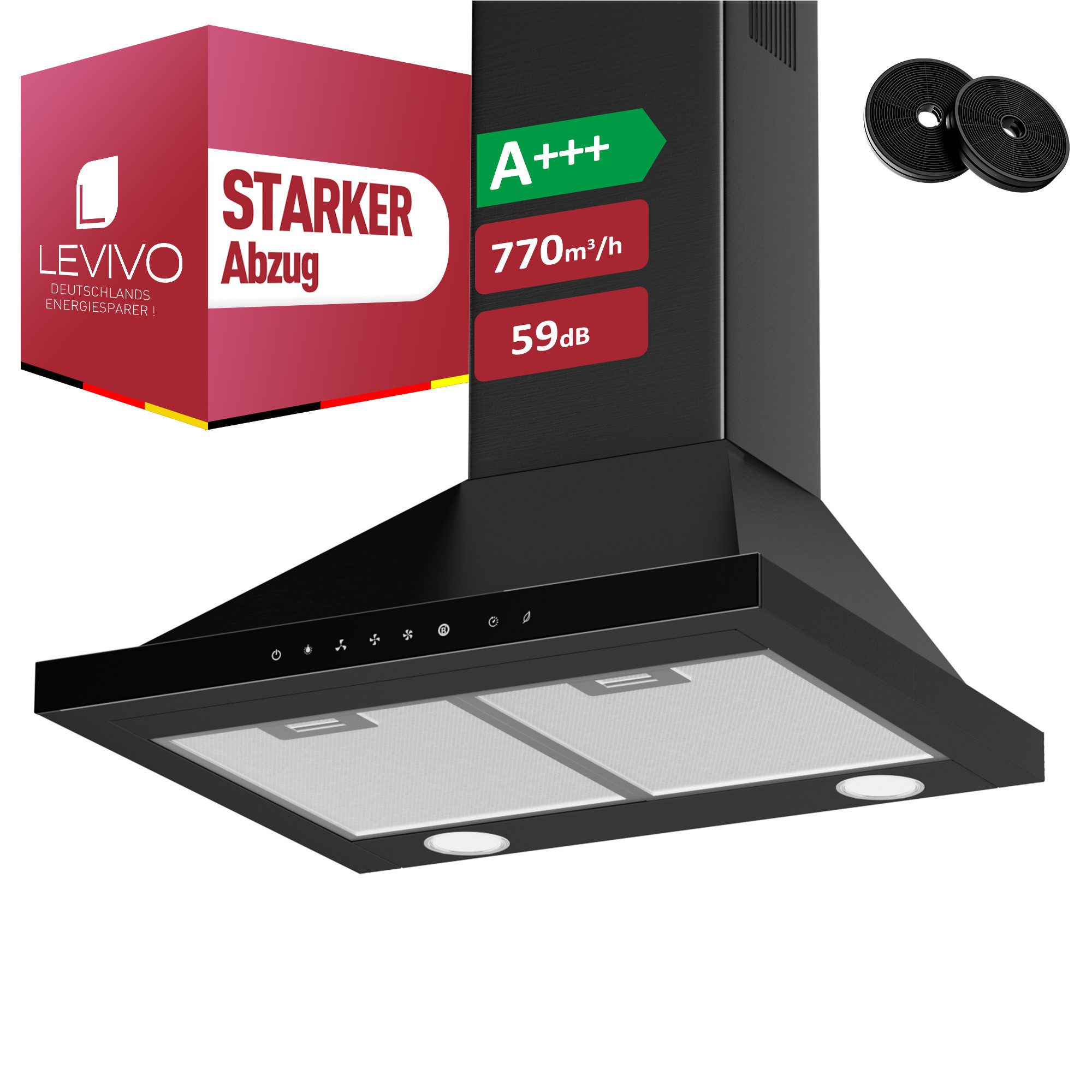 Levivo Wandhaube A+++ Dunstabzugshaube 60cm Umluft & Abluft mit 770 m³/h A+++ Dunstabzugshaube 60cm Umluft & Abluft mit 770 m³/h, Aktivkohlefiltern, Fettfiltern, LED-Beleuchtung