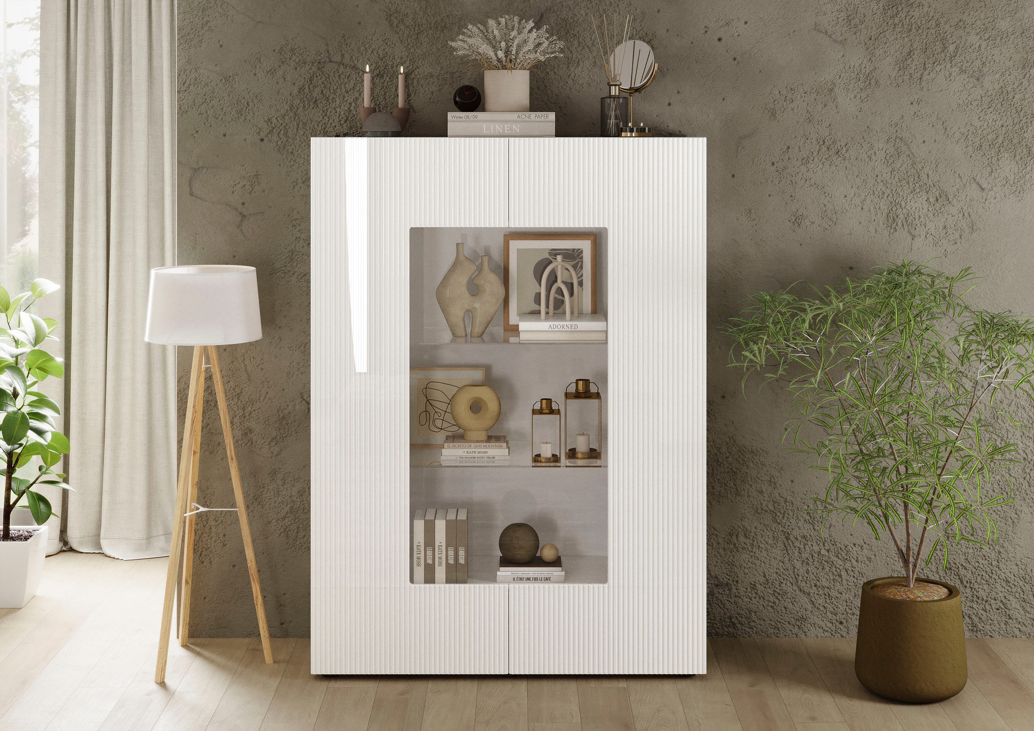 Home affaire Vitrine RIO, Höhe 166 cm, Hochschrank mit 2 Türen, Anrichte, Standvitrine Vitrinenschrank, geriffelte MDF-Fronten, modern, elegant, geräumig