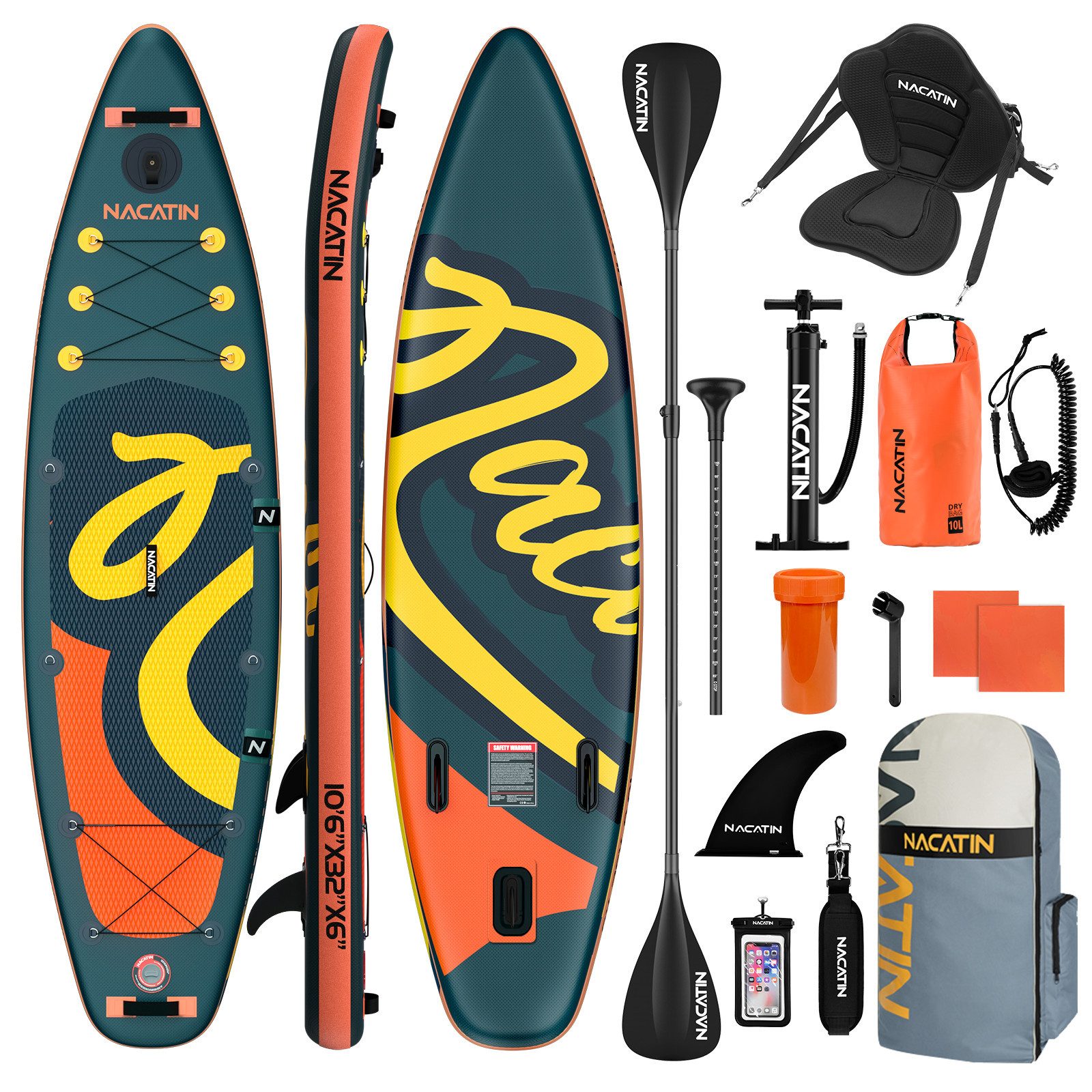 NACATIN Inflatable SUP-Board 10'6" mit Kajaksitz, Zubehör, Paddel, Pumpe, 10L Tasche & Leine, Komplettset für Erwachsene, Bis 200 kg