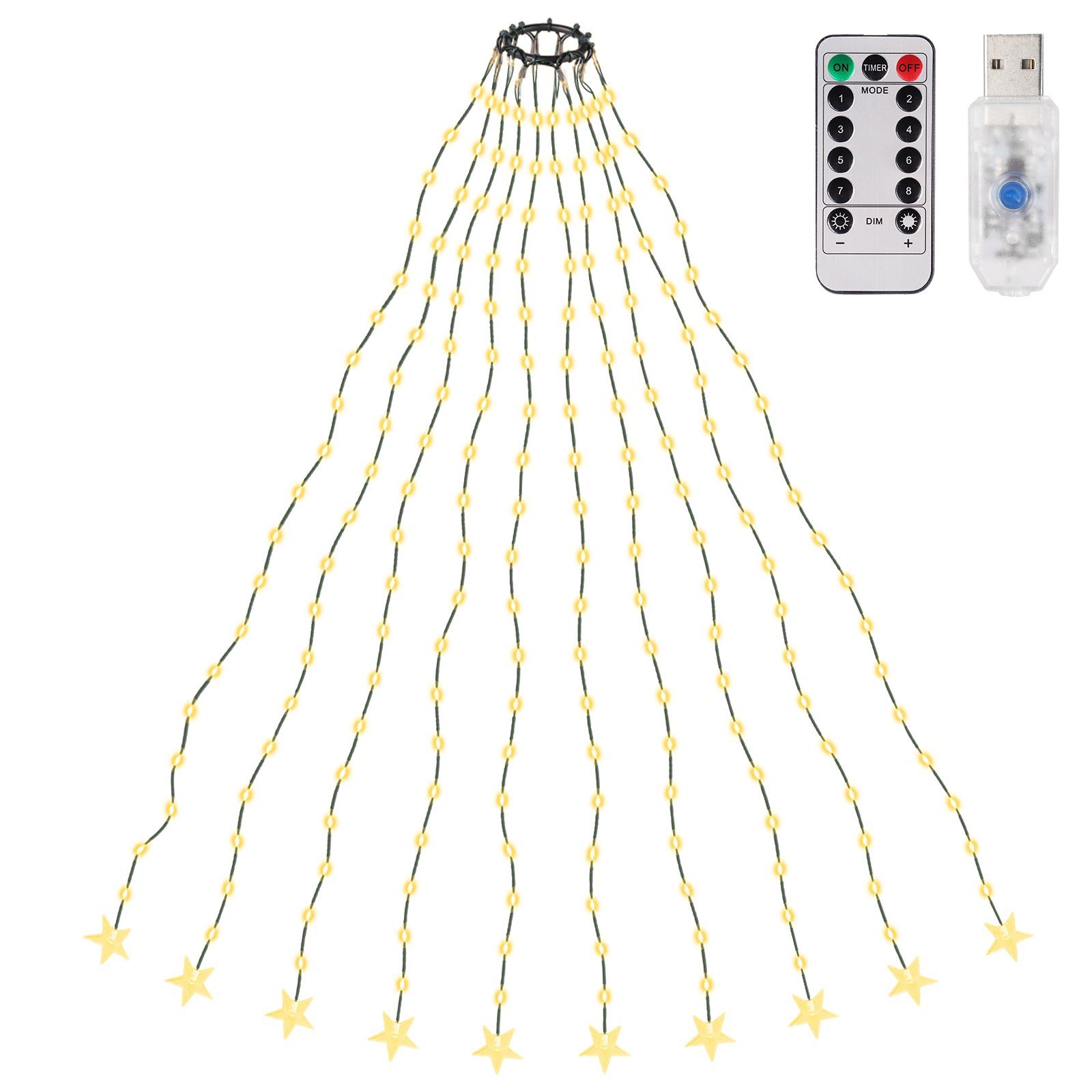 Salcar LED-Lichterkette LED Lichterkette Weihnachtsbaumspitze Stern Weihnachtsbaum Dekoration, USB Weihnachtsbaumbeleuchtung mit Fernbedienung und 9 Modi Warmweiß 2m