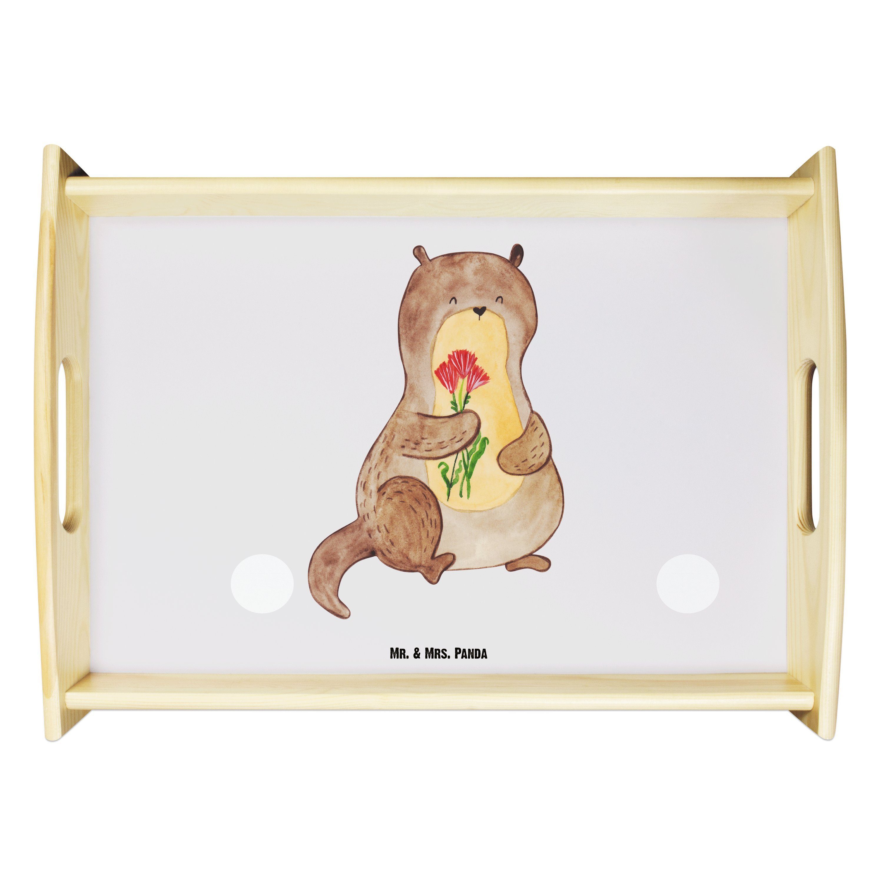 Mr. & Mrs. Panda Tablett Otter Blumenstrauß - Grau Pastell - Geschenk, Seeotter, Otter Seeotte, Echtholz lasiert, (1-tlg)
