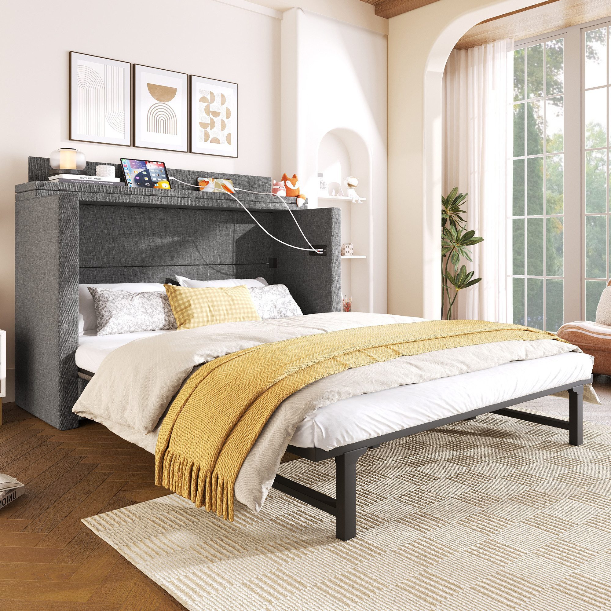 Odikalo Schrankbett Polsterbett Einzelbett 140x200 mit Schublade und USB (Mit einer Schublade,Mobiles Schrankbett mit Ablagefach am Bett, mit USB- und Typ-C-Anschlüssen, Umbaubares Plattformbett, Ohne Matratze,Leinen, Beige) /gray