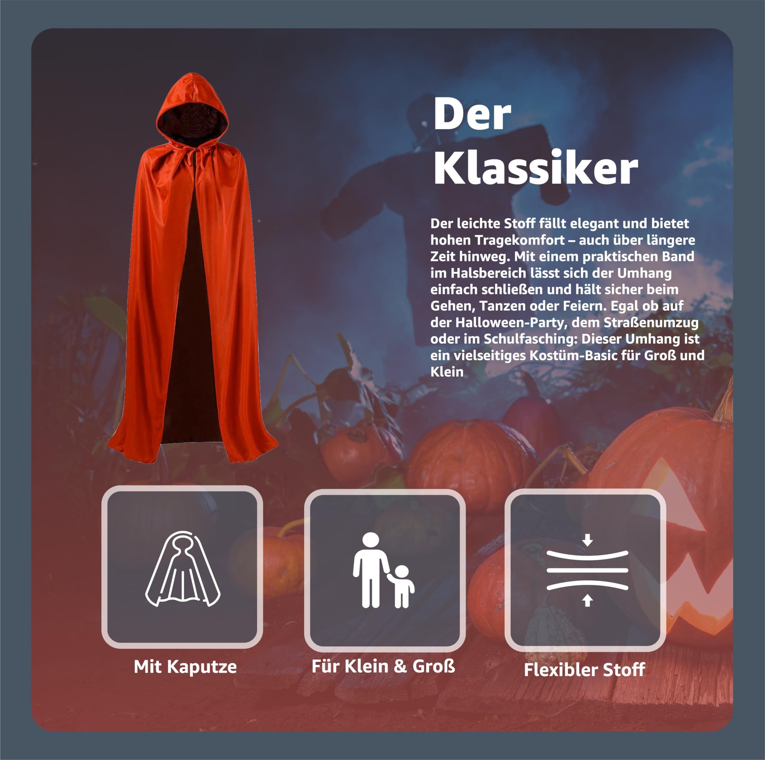 Kostümheld® Umhang Roter Vampir Umhang mit Kapuze – Kostüm für Kinder & Erwachsene, Beidseitig