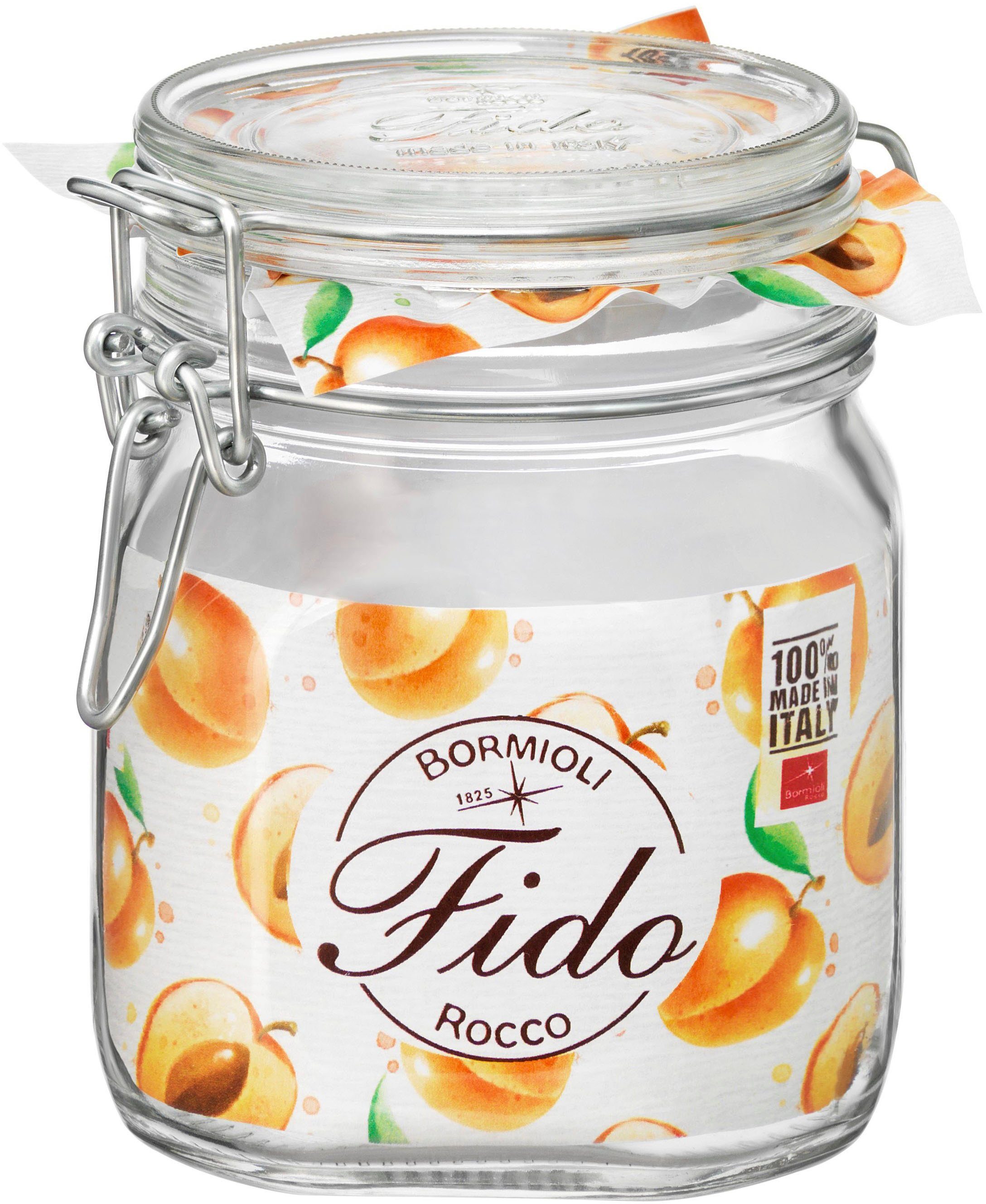 Bormioli Rocco Vorratsglas Fido, Glas, (Set, 6-tlg., 6 Stück, 0,75l Fassungsvermögen), luftdicht verschließbar, mit Bügelverschluß