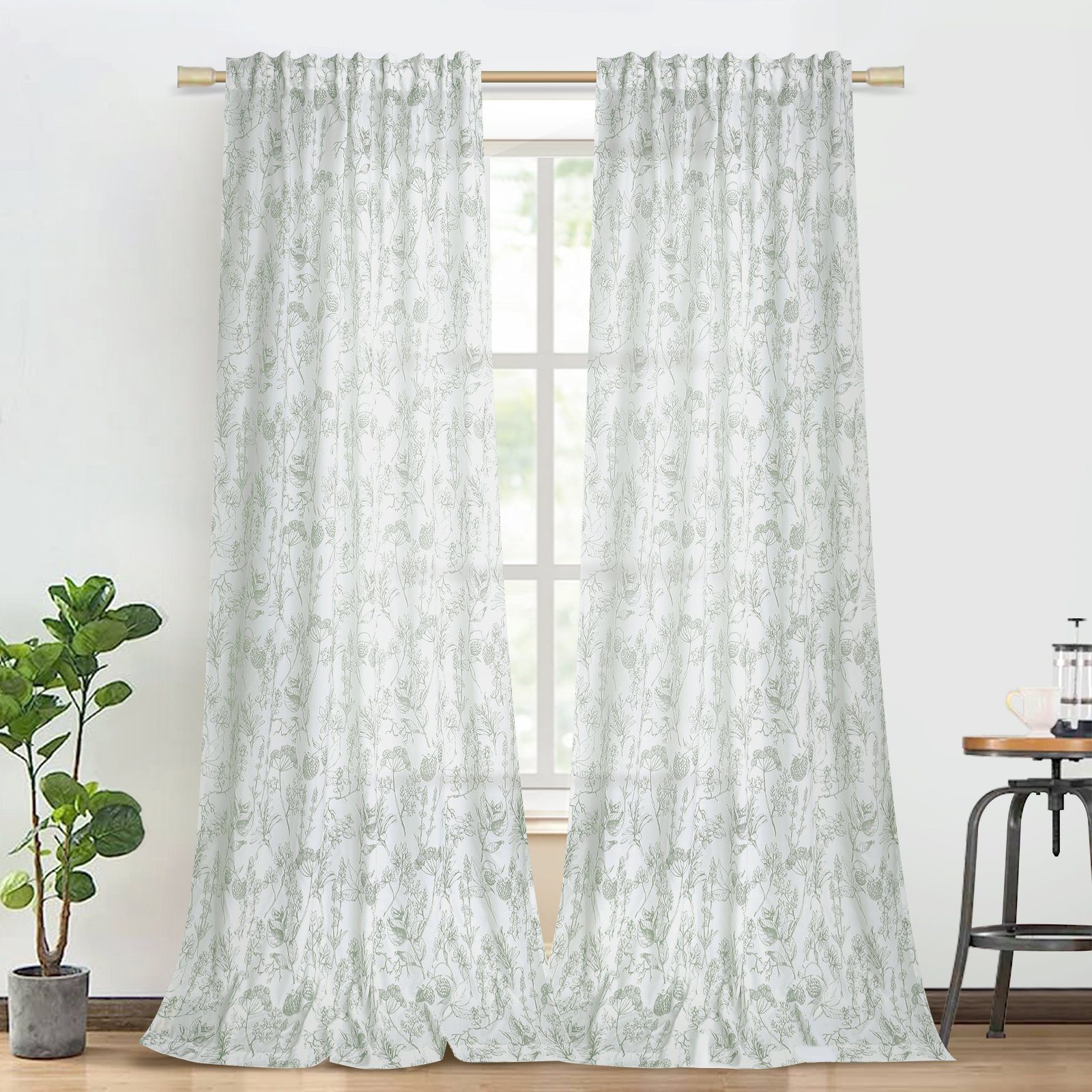 Vorhang Voile Blumen Gardinen,Baumwolle, Grün Salbei Schlafzimmer Sunicol, Transparent Wohnzimmer, (2 St)