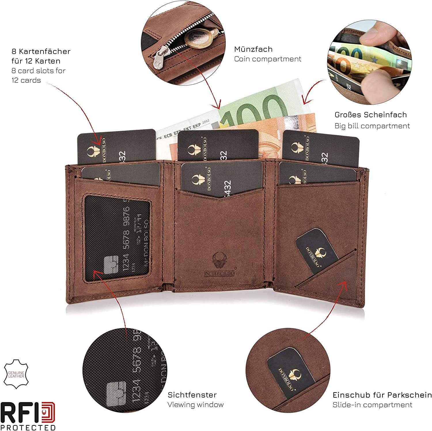 Donbolso Geldbörse Geldbeutel 2 I Braun Schutz, Wallet Vintage Münzfachvintageleder mit RFID Mit Slim Münzfach I