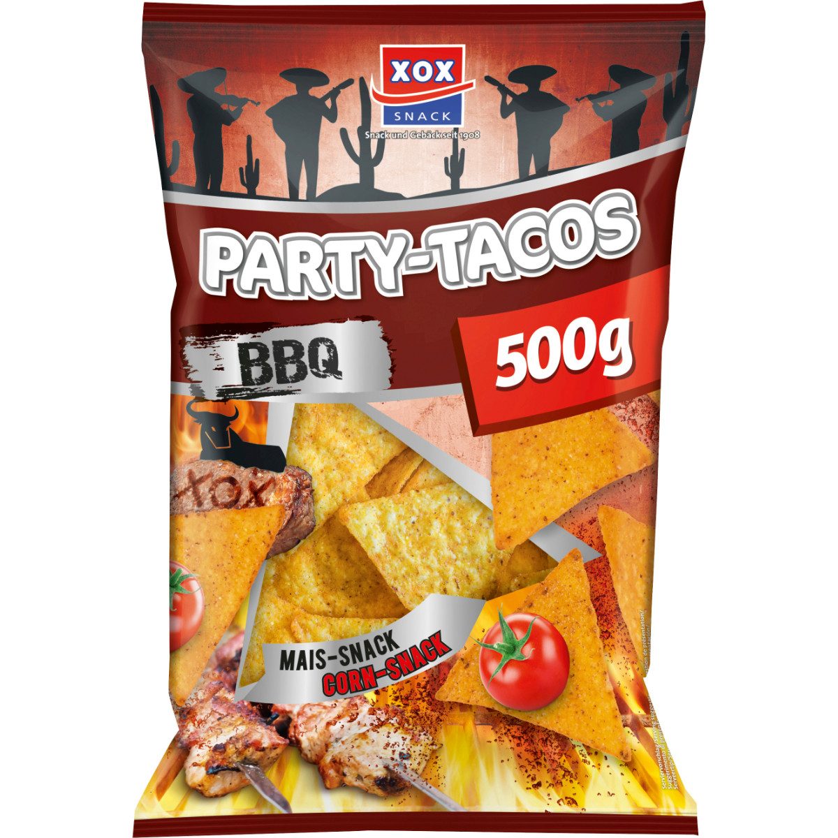 XOX Knabberei, XOX Party Tacos Barbecue Mais Snack feurig pikant knusprig 500g
