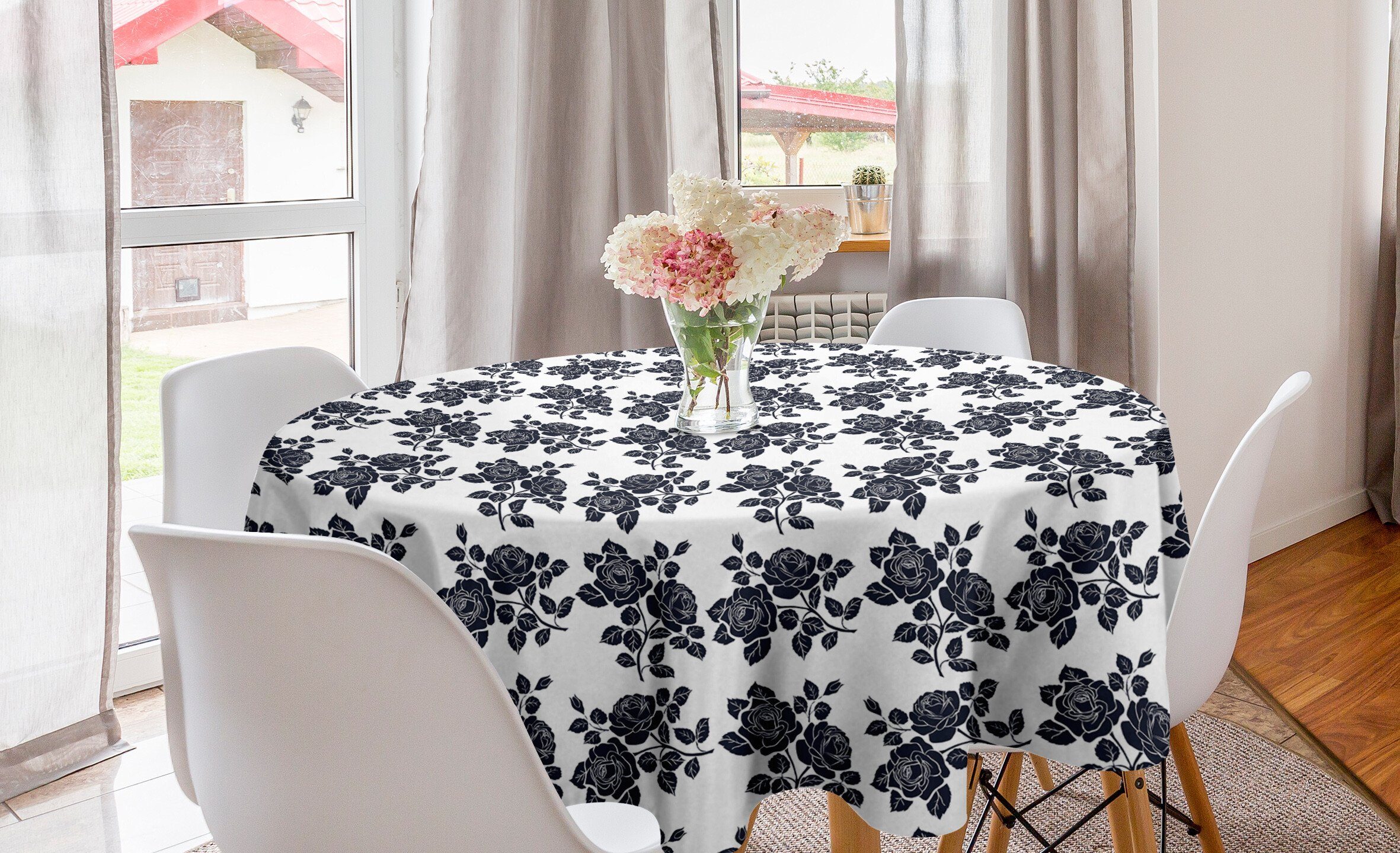 Abakuhaus Tischdecke Kreis Tischdecke Abdeckung für Esszimmer Küche Dekoration, Rose Laubblätter Monochrome | Tischdecken