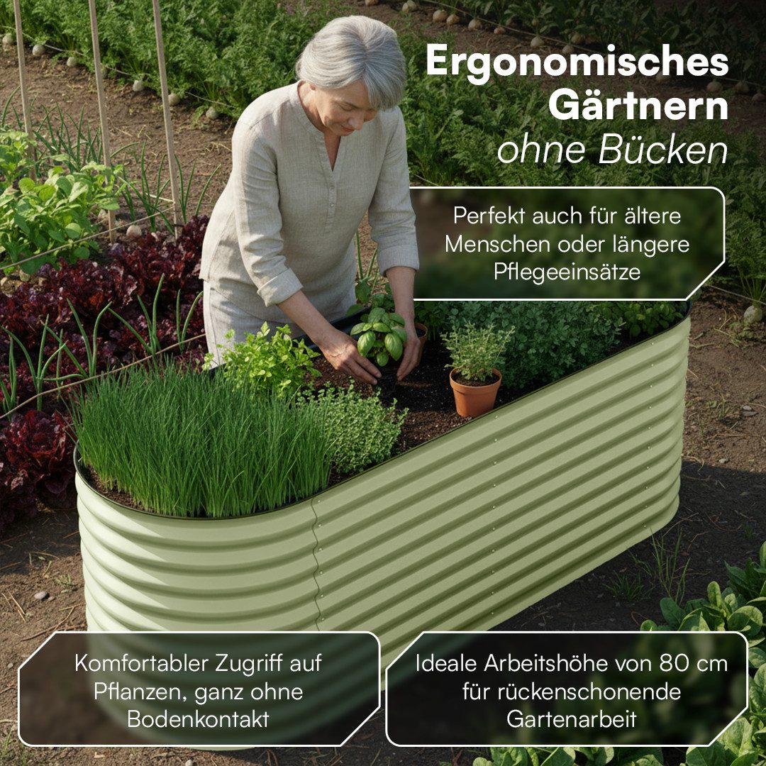 STEELSØN Hochbeet Hydra aus verzinktem Stahl-Wellblech (240 cm breit, Grün), Gemüsebeet mit offener Bodenstruktur