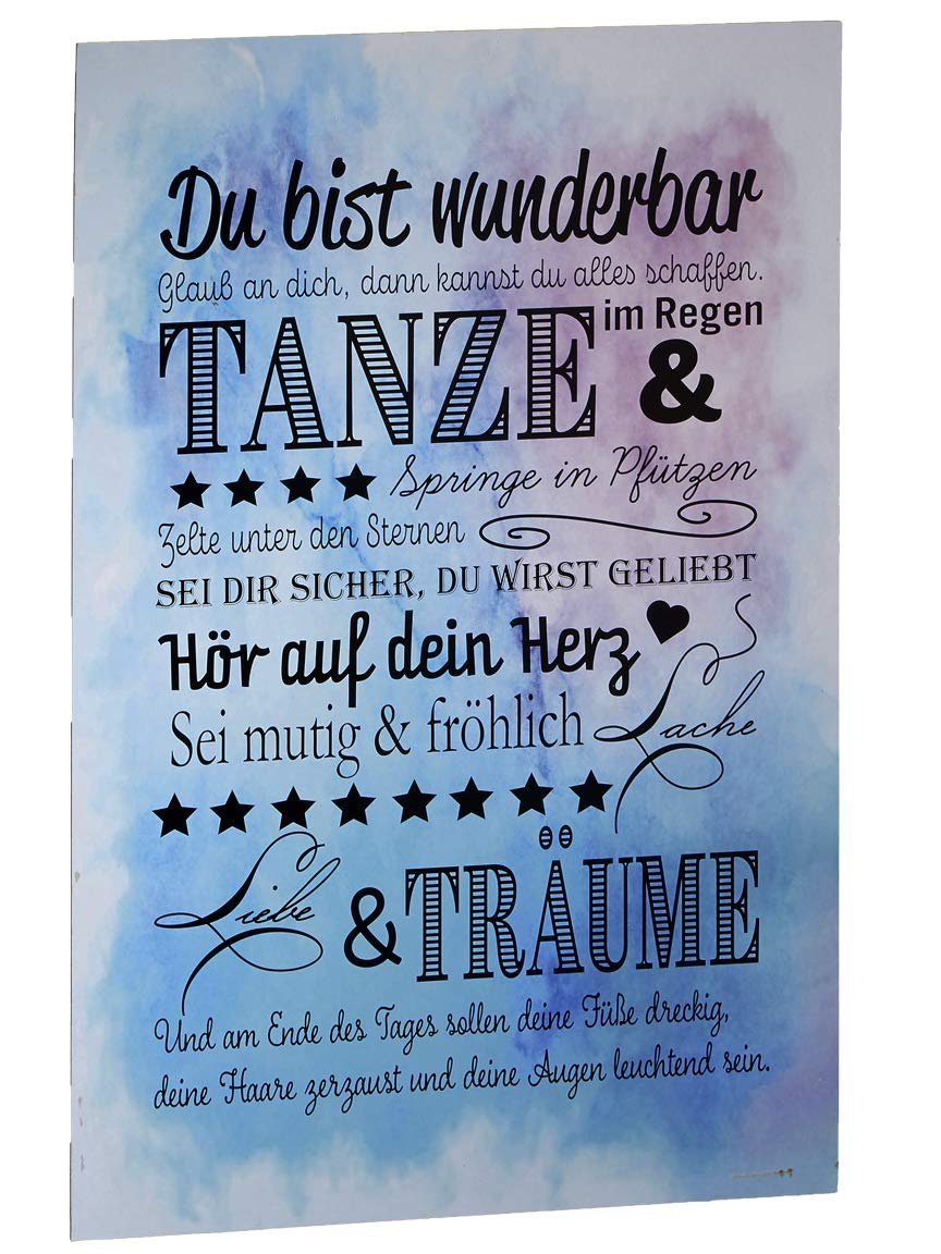 Bada Bing Holzbild Wandschild mit Schriftzug "Du Bist Wunderbar", Schriftzug (Blau mit Schwarzer Schrift), Wandbild