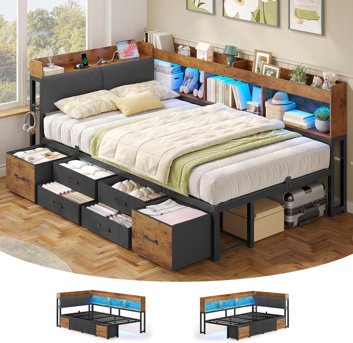 MSMASK Daybett Tagesbett Schlafsofa mit LED-Beleuchtung & Ladestation, Jugendbett mit 6 Staufächern und 6 Schubladen – Liegefläche 90x200 cm