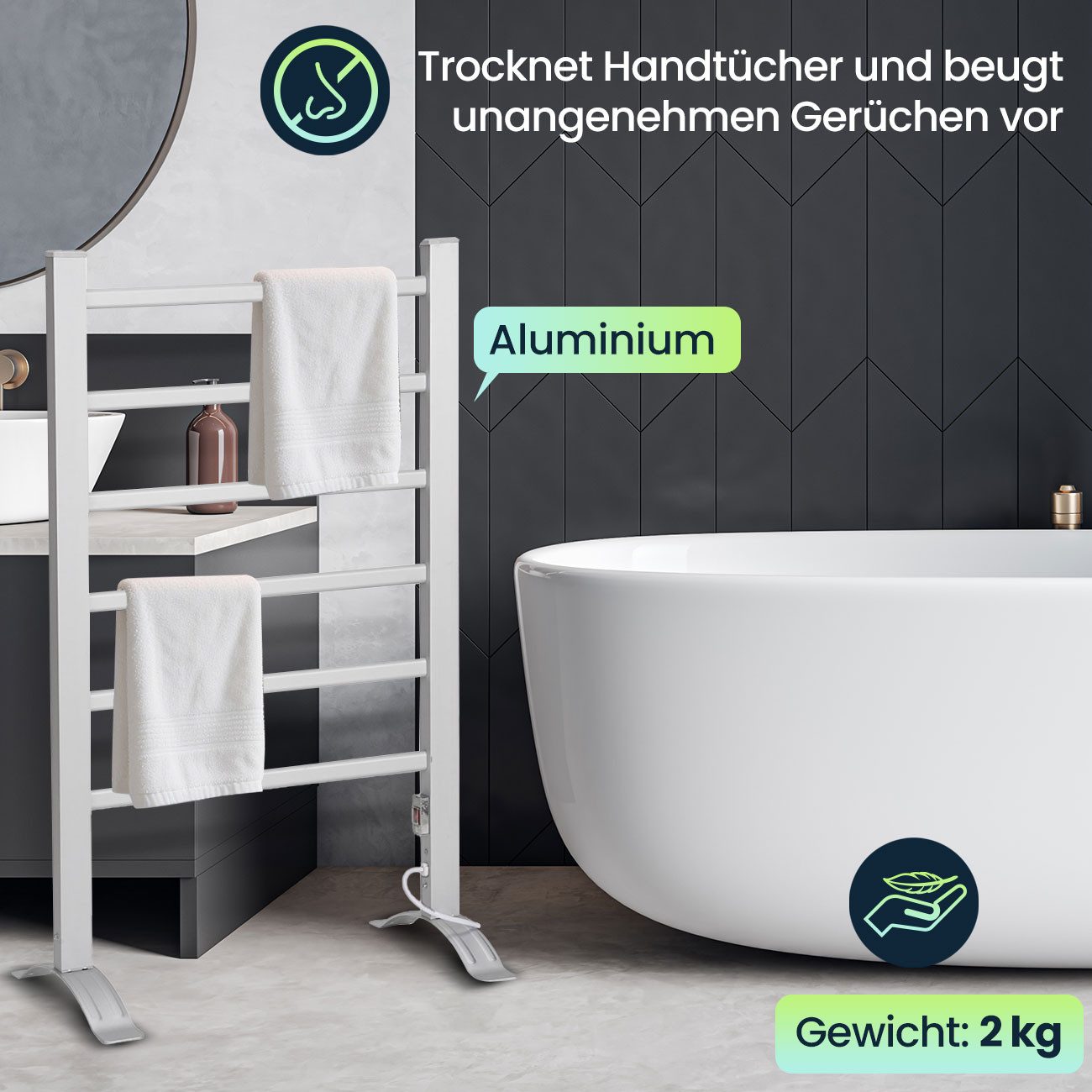 shop'n smile ideoon Heizkörper Elektrischer Handtuchtrockner freistehend 105W Handtuchwärmer IP44, 2-in-1 (Wand/Stand), 105W, IP44, Aluminium, 220–240V, platzsp – Bild 4 von 5