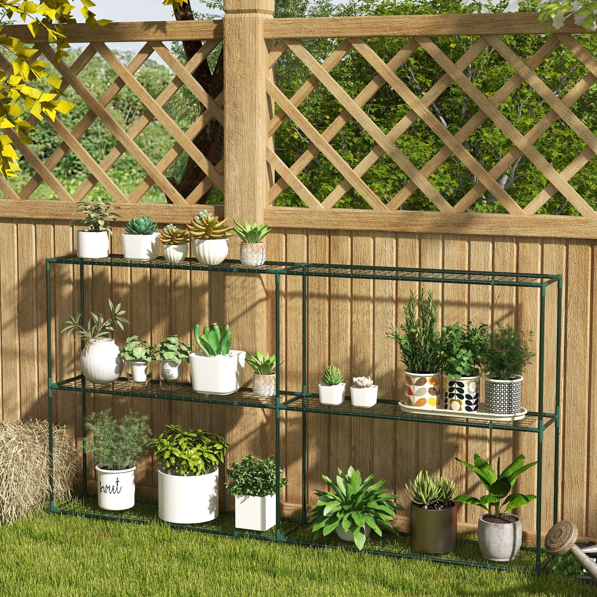 Outsunny Pflanzentreppe Blumenregal mit 3 Stufen, Pflanzenständer für Garten, Balkon (Blumenständer, 1 St., Pflanzenregal), für Garten, Balkon, Stahl, Dunkelgrün, 222 x 30 x 114 cm