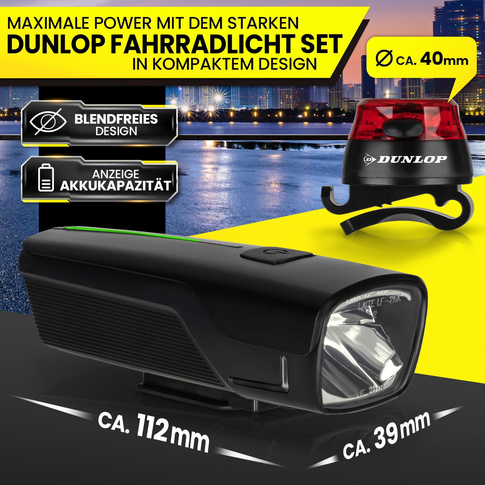 Dunlop Fahrradbeleuchtung Fahrradlicht Fahrrad Licht - Extra helles LED Licht, Hochleistungs-Akku - Fahrradbeleuchtung StVZO zugelassen