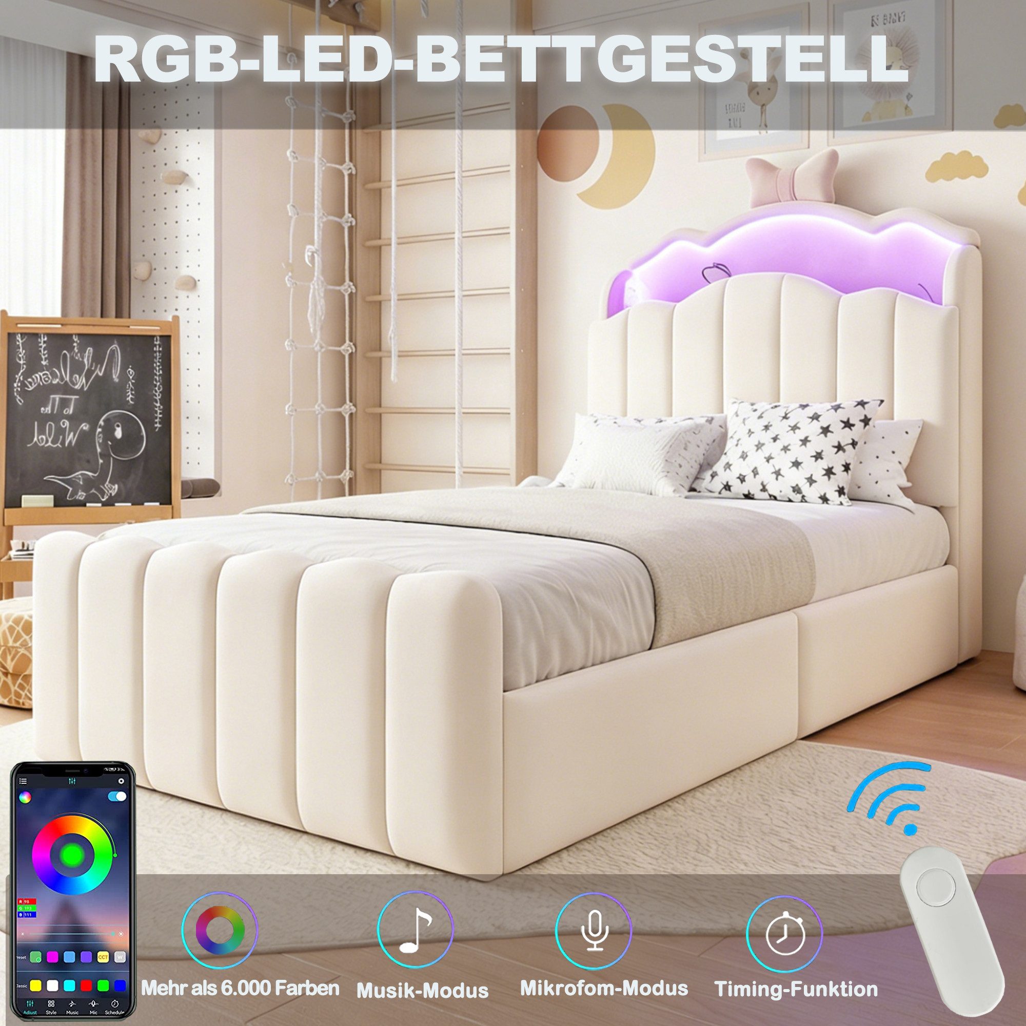 Celya Polsterbett Gepolstertes Kinderbett mit hydraulischem Stauraum, LED-Kopfteil (ohne Matratze, Samtbezug, mit USB- und USB-C-Ladeanschlüssen), aufklappbarem – Bild 4 von 5