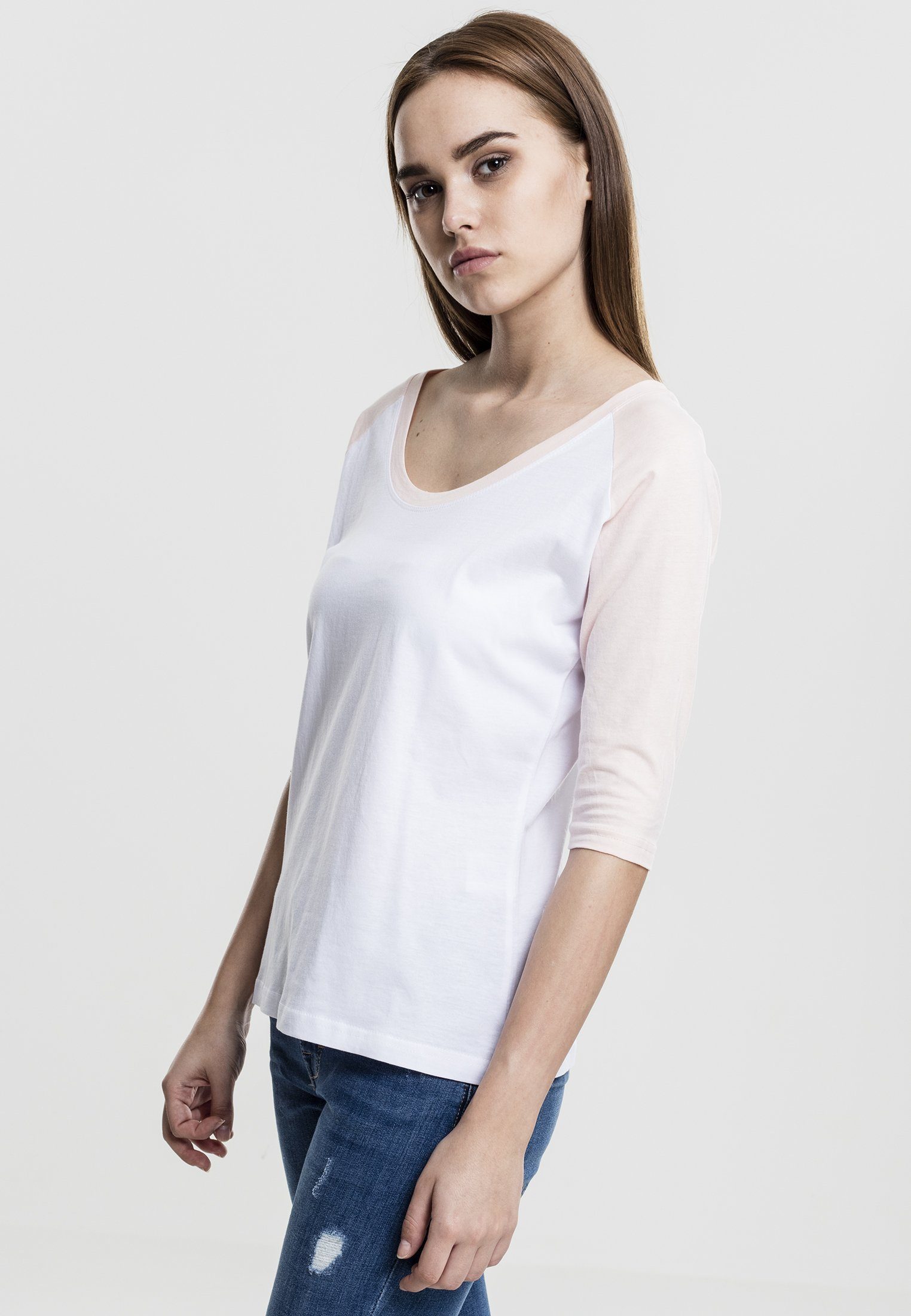 URBAN CLASSICS Kurzarmshirt Damen Ladies Contrast 3/4 white/pink Tee Raglan (1-tlg)