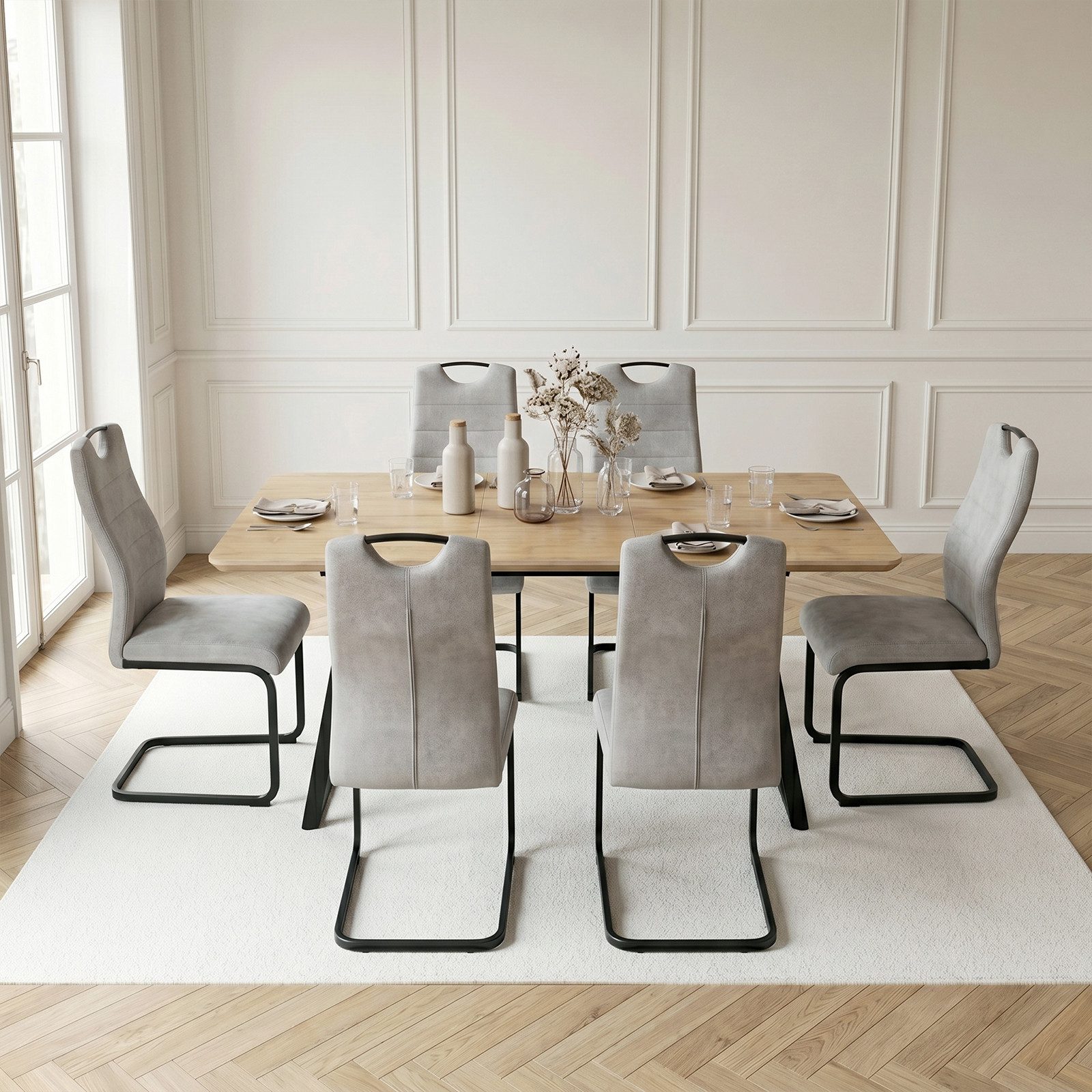 Jiexi Essgruppe Essgruppe ausziehbar Eiche-Optik MDF Tisch mit Freischwinger – Bild 2 von 5