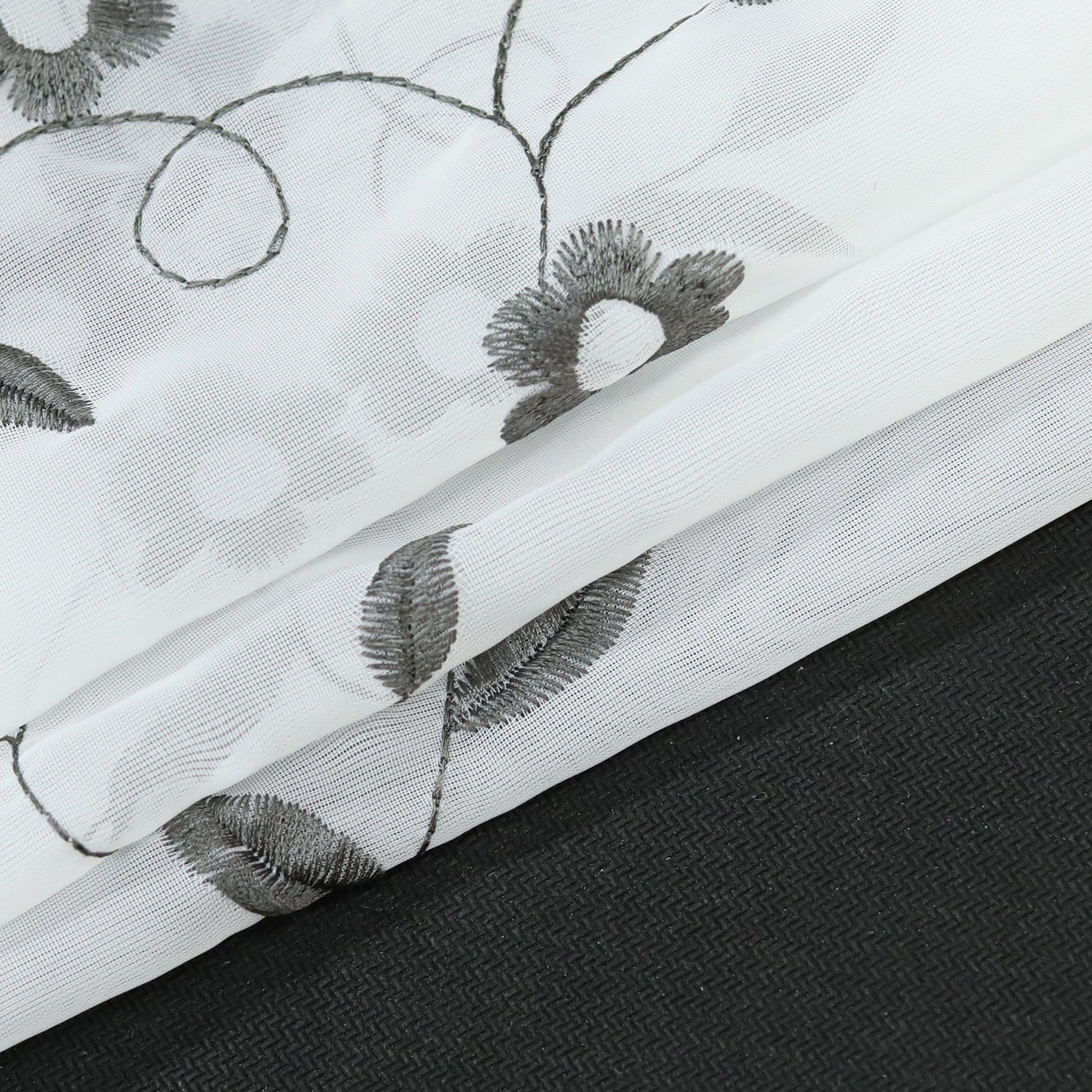 Blüten-Stickerei, mit Kurzstore, transparent, Cafe Joyswahl, Scheibengardine, Vorhang Voile grau