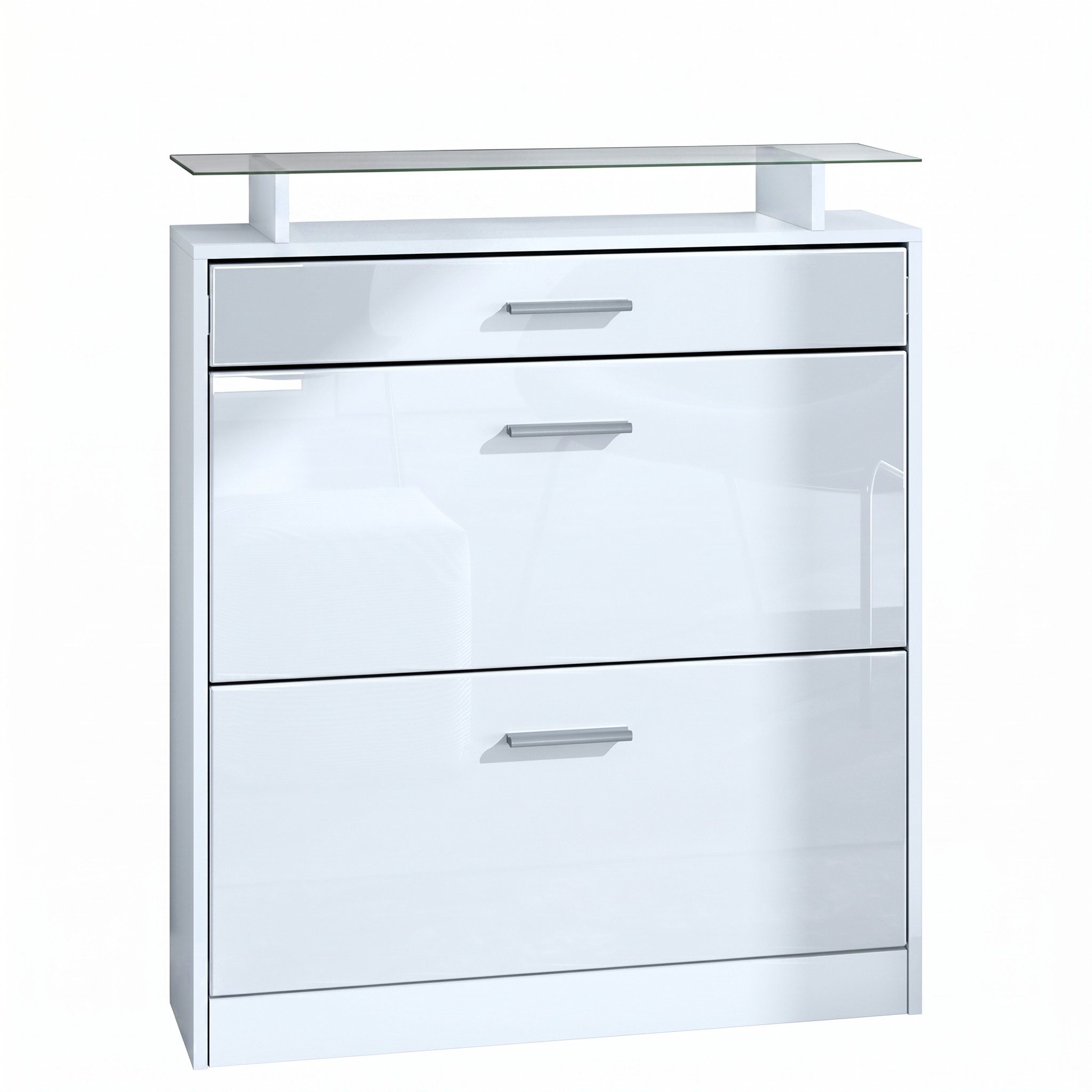 Vladon Schuhschrank Loret (hängender Schuhkipper für 16 Paar Schuhe, mit 2 Klappen und 1 Schublade und Glasablage) Weiß matt/Weiß Hochglanz (89 x 104 x 23 cm)