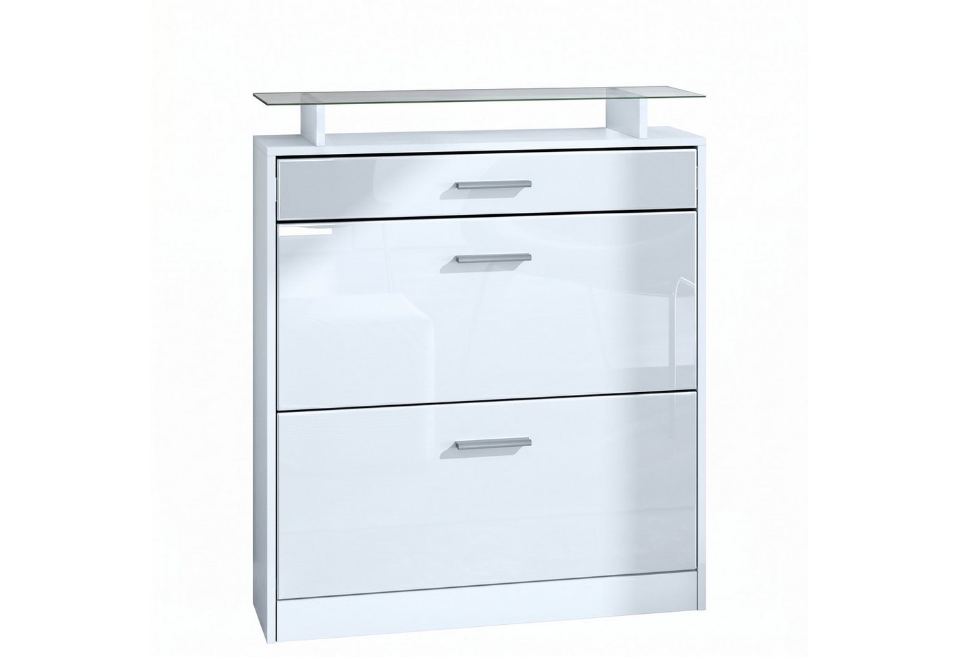 Vladon Schuhschrank Loret (hängender Schuhkipper für 16 Paar Schuhe, mit 2 Klappen und 1 Schublade und Glasablage) Weiß matt/Weiß Hochglanz (89 x 104 x 23 cm)