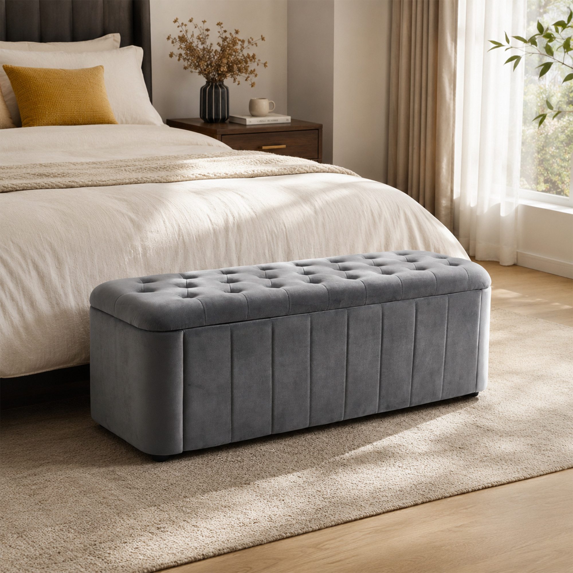 BlingBin Polsterbank mit abgerundeten Ecken,Velours Sitzbank mit Stauraum (1 Packung, 1-St., 132 × 47,5 × 44 cm,Sitzkommode mit Aufbewahrung), gepolsterter Sitzhocker für Schlafzimmer, Wohnzimmer, Flur