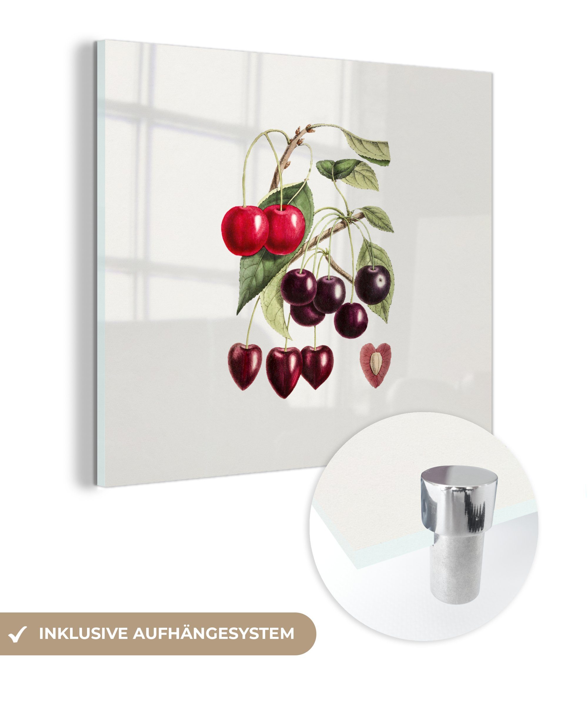 MuchoWow Acrylglasbild Kirschen - Obst - Jahrgang, (1 St), Glasbilder - Bilder auf Glas Wandbild - Foto auf Glas - Wanddekoration