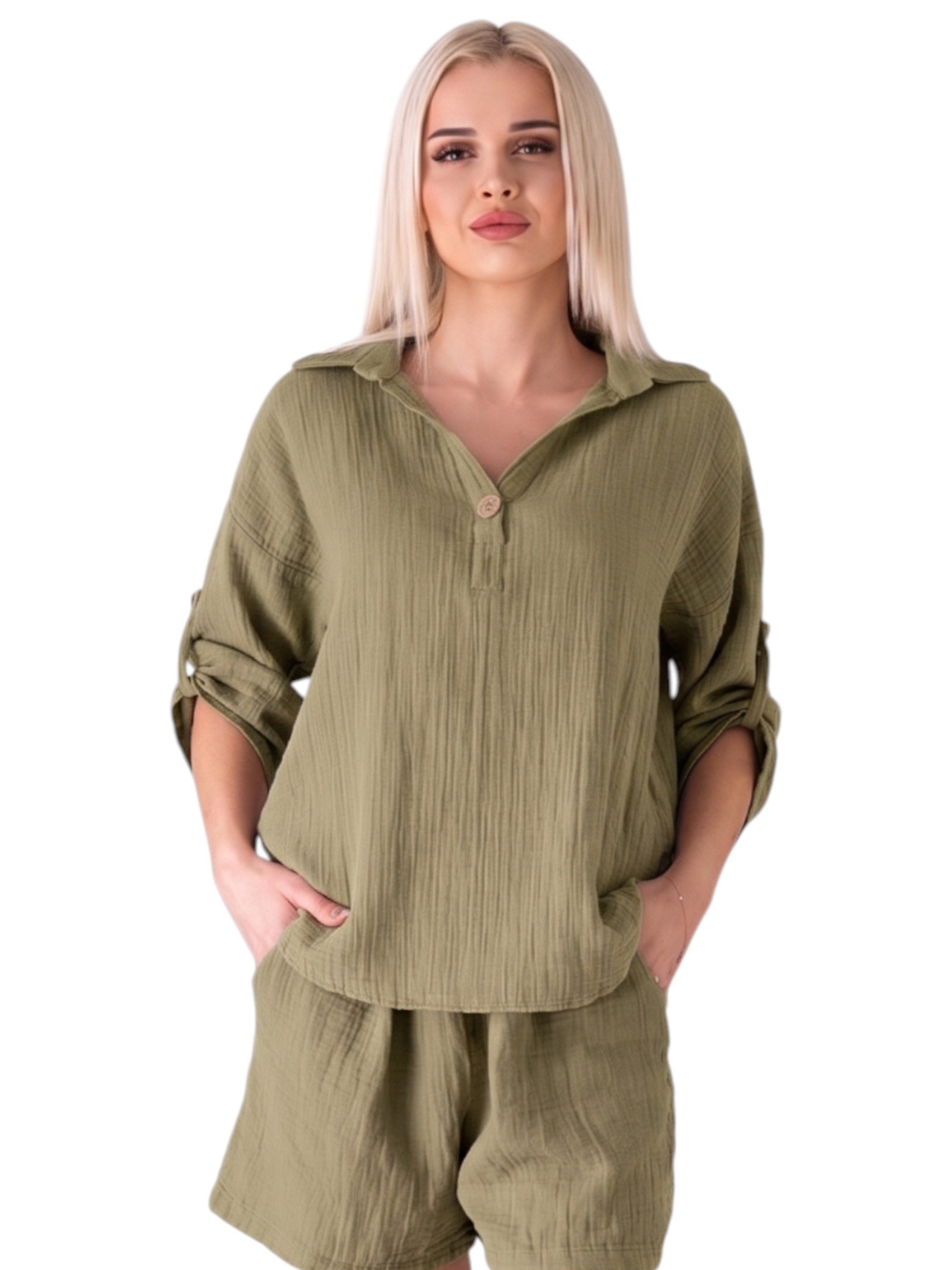 WENOR Schlupfbluse Damen Musselin 100% Baumwolle – Oversize Sommerbluse One Size mit Kokosknopf, Krempelärmel & Seitentaschen – Naturmaterial