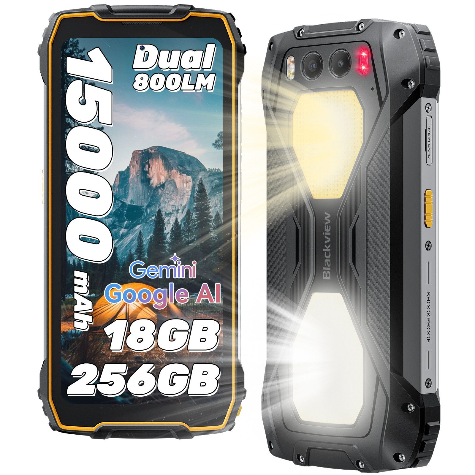 blackview BV7300 256GB 800LM Campinglicht Ohne Vertrag Smartphone (6,67 Zoll, 50 MP Kamera, 15000mAh, 45W, 50MP, 32MP, 20MP, 6,67", NFC)