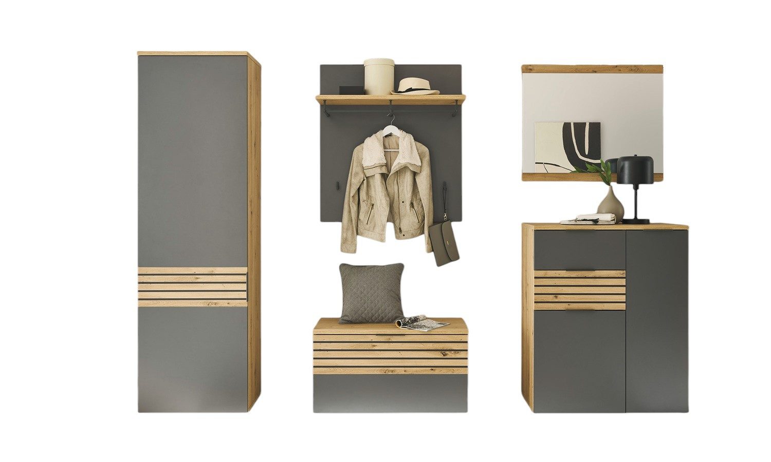 moebel-dich-auf Garderoben-Set MAILAND, (Komplett-Set, Garderobenschrank + Paneel + Bank + Spiegel + Schuhkommode), erhältlich in 2 Farbkombinationen