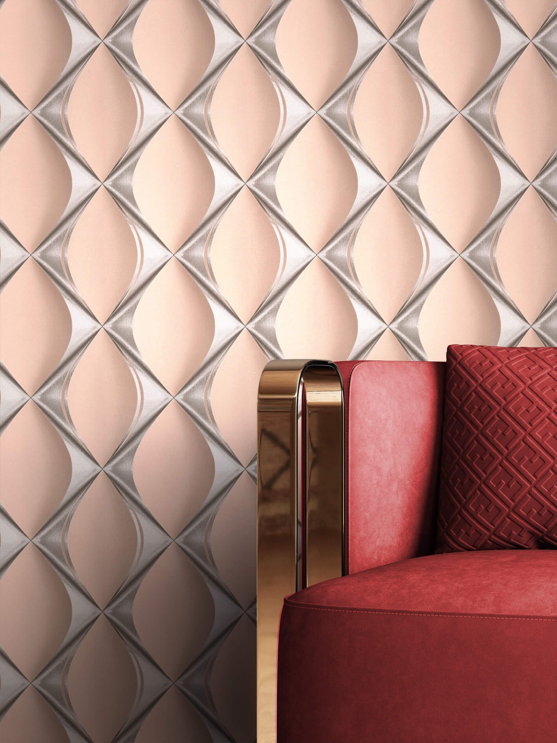 Newroom Vliestapete Fanolo Pink Tapete Retrotapete Leicht Glänzend,Vintage,3D Optik, Rosa Tapete Retro Leicht Glänzend - Retrotapete Metallic Silber Glamour Modern Vintage 3D Optik für Wohnzimmer Schlafzimmer Flur, Metallic