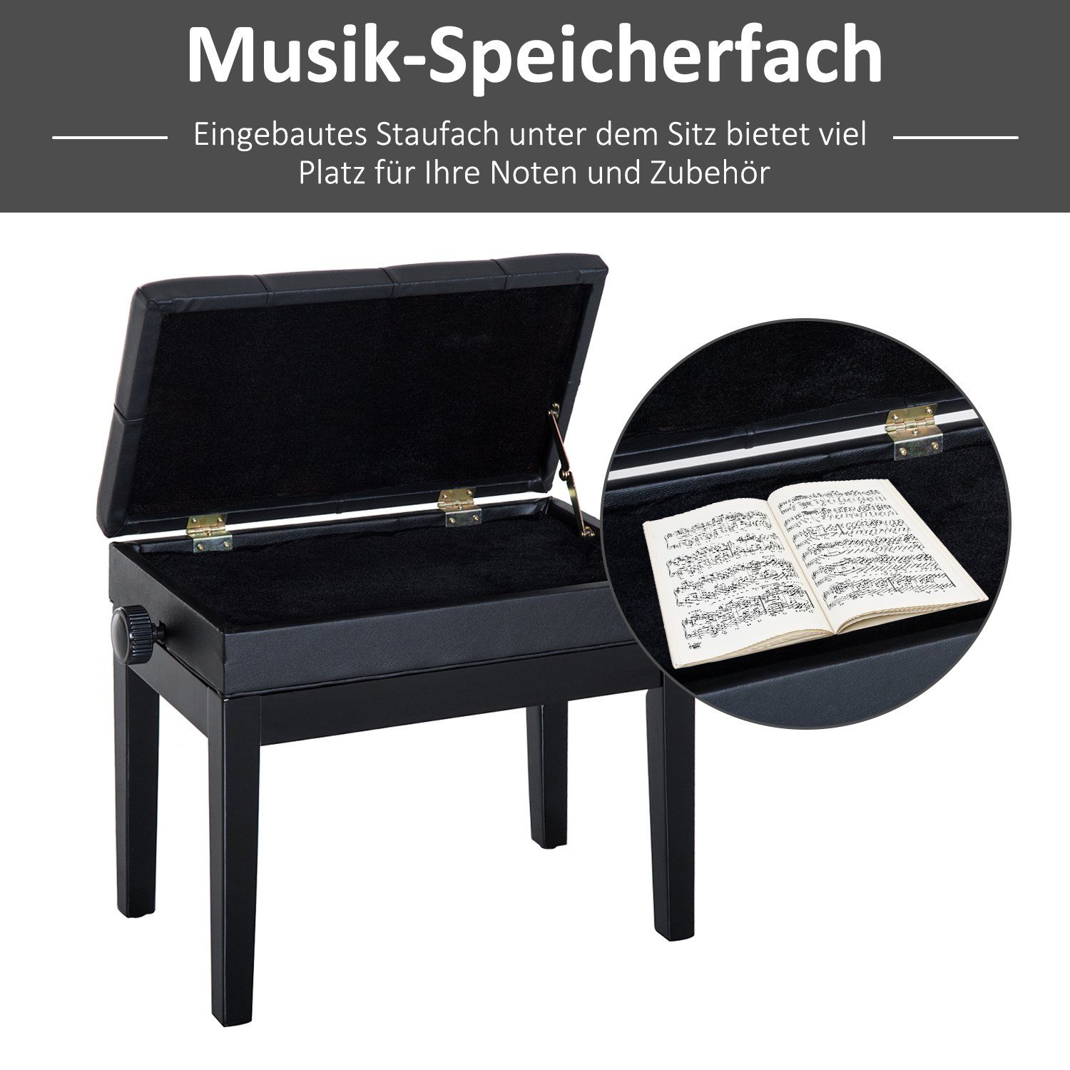 (Set, Klavierhocker), 1-St., HOMCOM Bank Schwarz Klavierbank höheverstellbar, Schminkhocker Hocker Klavierbank