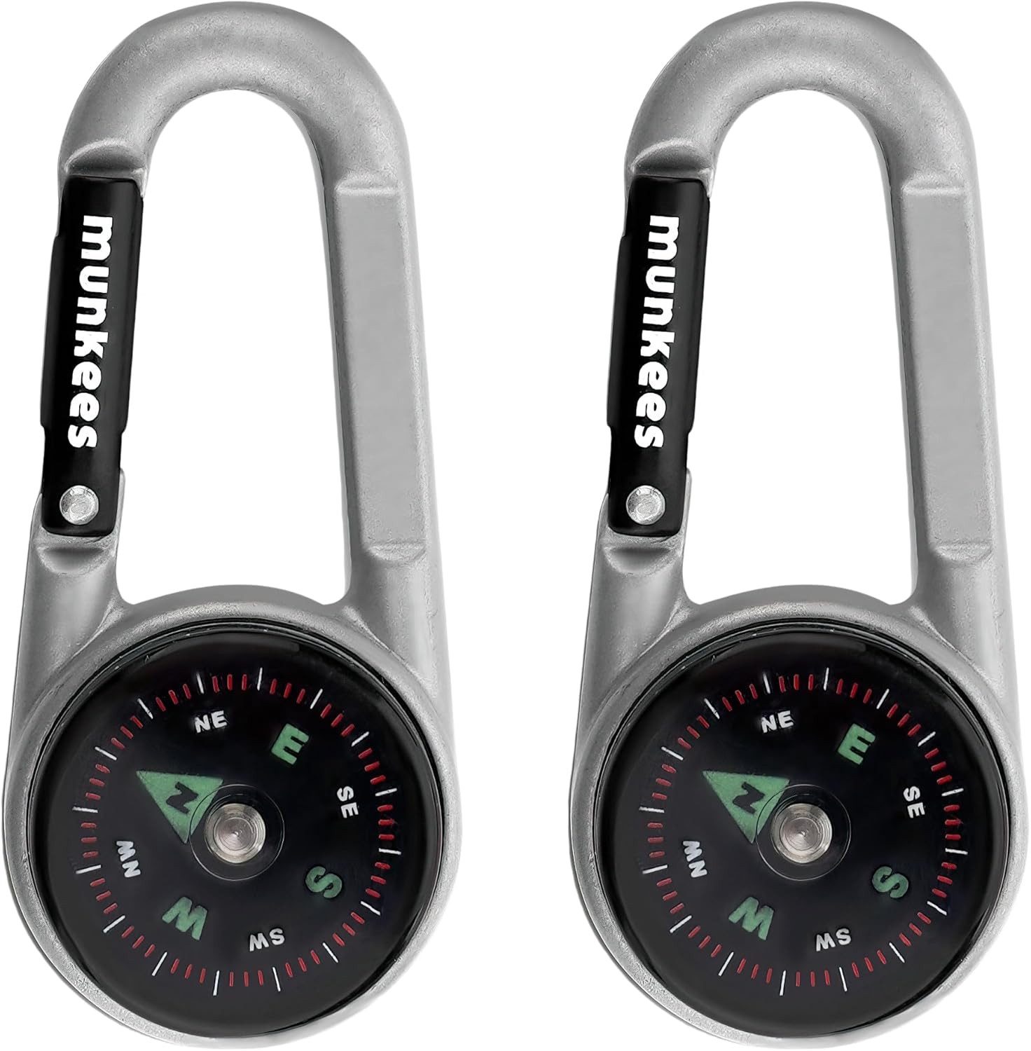 Munkees Kompass Karabiner mit Thermometer silber doppelpack, Karabiner mit Kompass und integriertem Thermometer