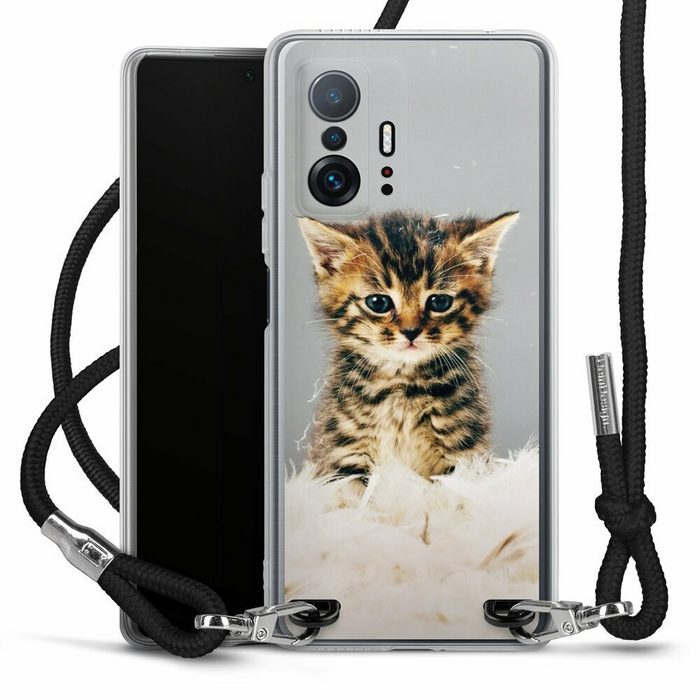 DeinDesign Handyhülle Katze Haustier Feder Kitty Xiaomi 11T 5G Handykette Hülle mit Band Case zum Umhängen