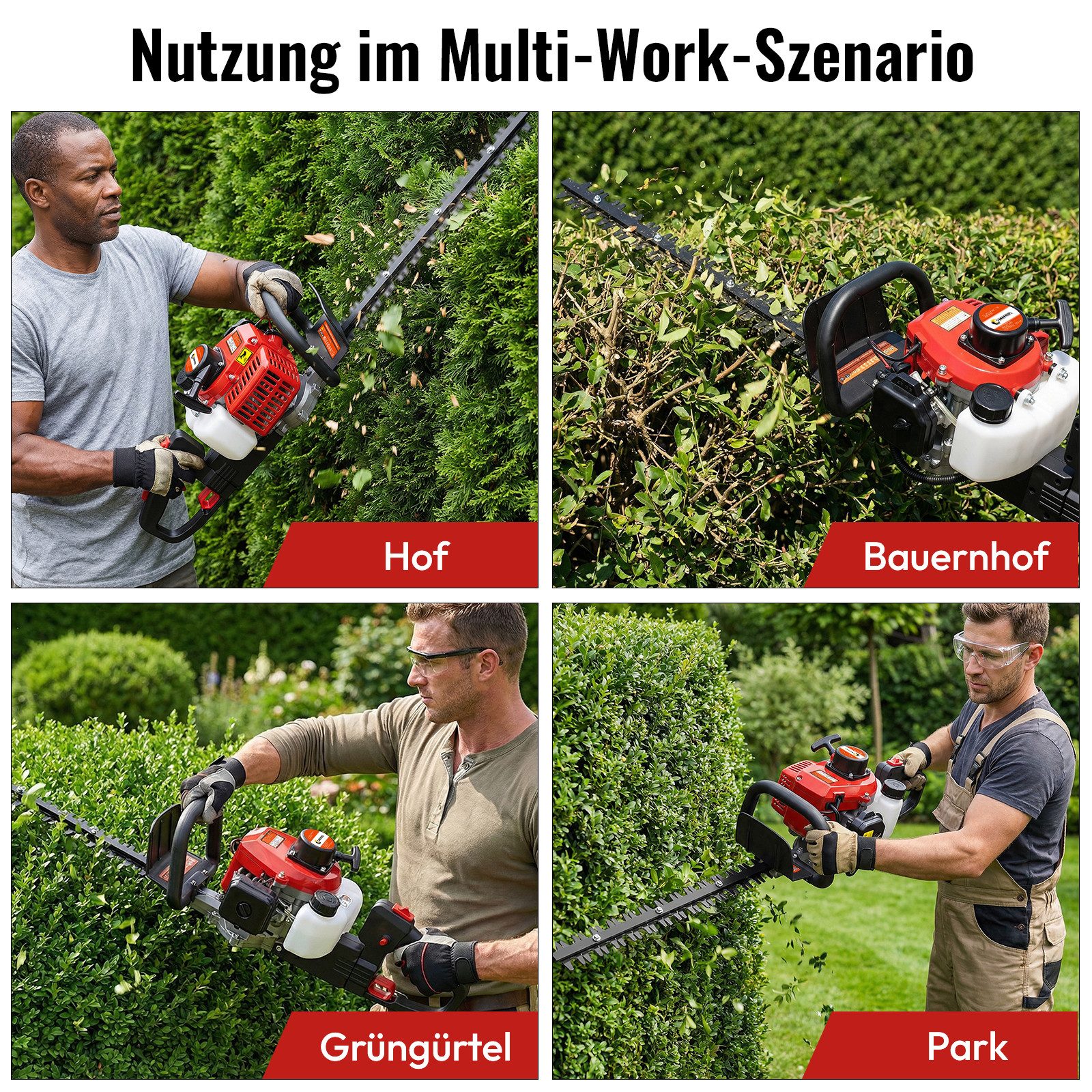 CONENTOOL Benzin-Heckenschere 60 cm Schnittlänge, 22,5 ccm, SK5-Stahl, Vibrationsdämpfung, für Hecken & Sträucher