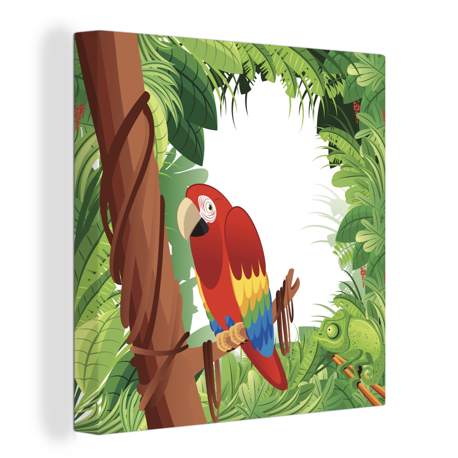 OneMillionCanvasses® Leinwandbild Eine Illustration eines Papageis im Regenwald, (1 St), Leinwand Bilder für Wohnzimmer Schlafzimmer