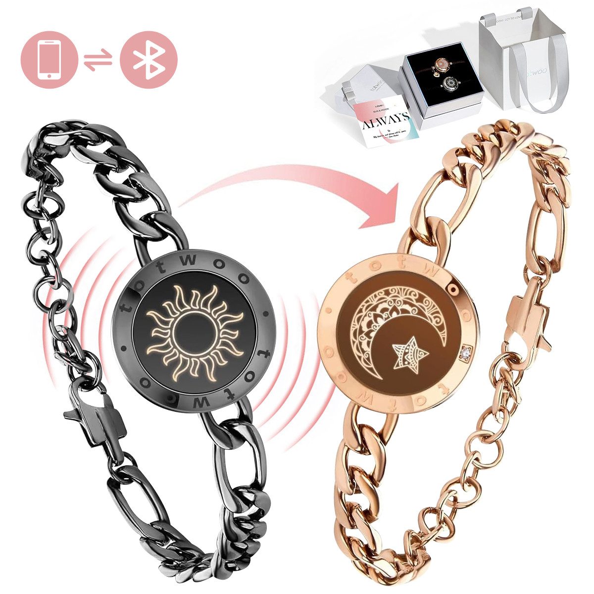RWEUOQ Bettelarmband Intelligentes Sensorarmband Armband Interaktives smart Paararmbänder (Sonn- und Mondliebhaber-Armband, 2-tlg., Figaro-Kette Schwarz-Gold,Berührung,Liebes Geschenk,Licht&Vibration), Nachrichten,Fotos und Videos können auf dem Armband gespeichert werden