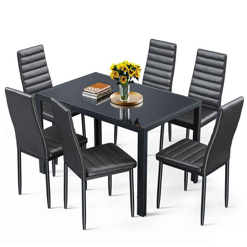 Bealife Essgruppe, Esstisch und 6 stühlen, Kunstleder, Tischplatte aus glas(130x70cm)