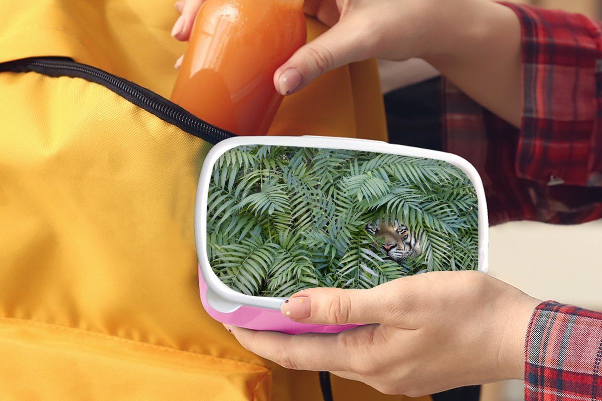 MuchoWow Lunchbox Tiger Erwachsene, Farn, Kinder, - Mädchen, Blätter (2-tlg), Snackbox, rosa für Brotbox Kunststoff, - Kunststoff Brotdose