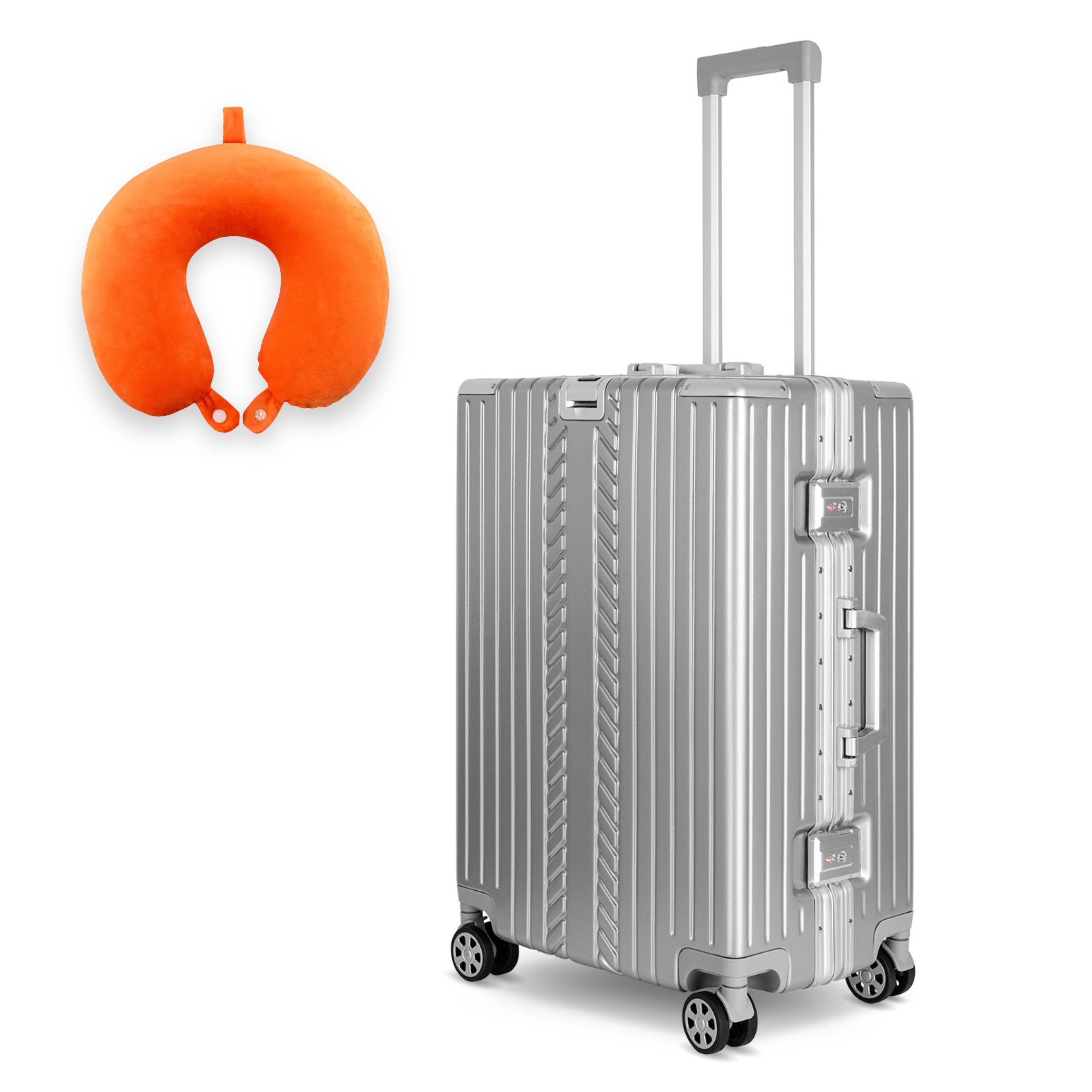 WINLIFE Trolley Hartschalen-Koffer Alu-Rahmen Silber Trolley M, L, XL + Nackenkissen, 4 Doppelrollen Rollen, ABS+PC-Hartschale, TSA-Zahlenschloss, 360°-Doppelrollen