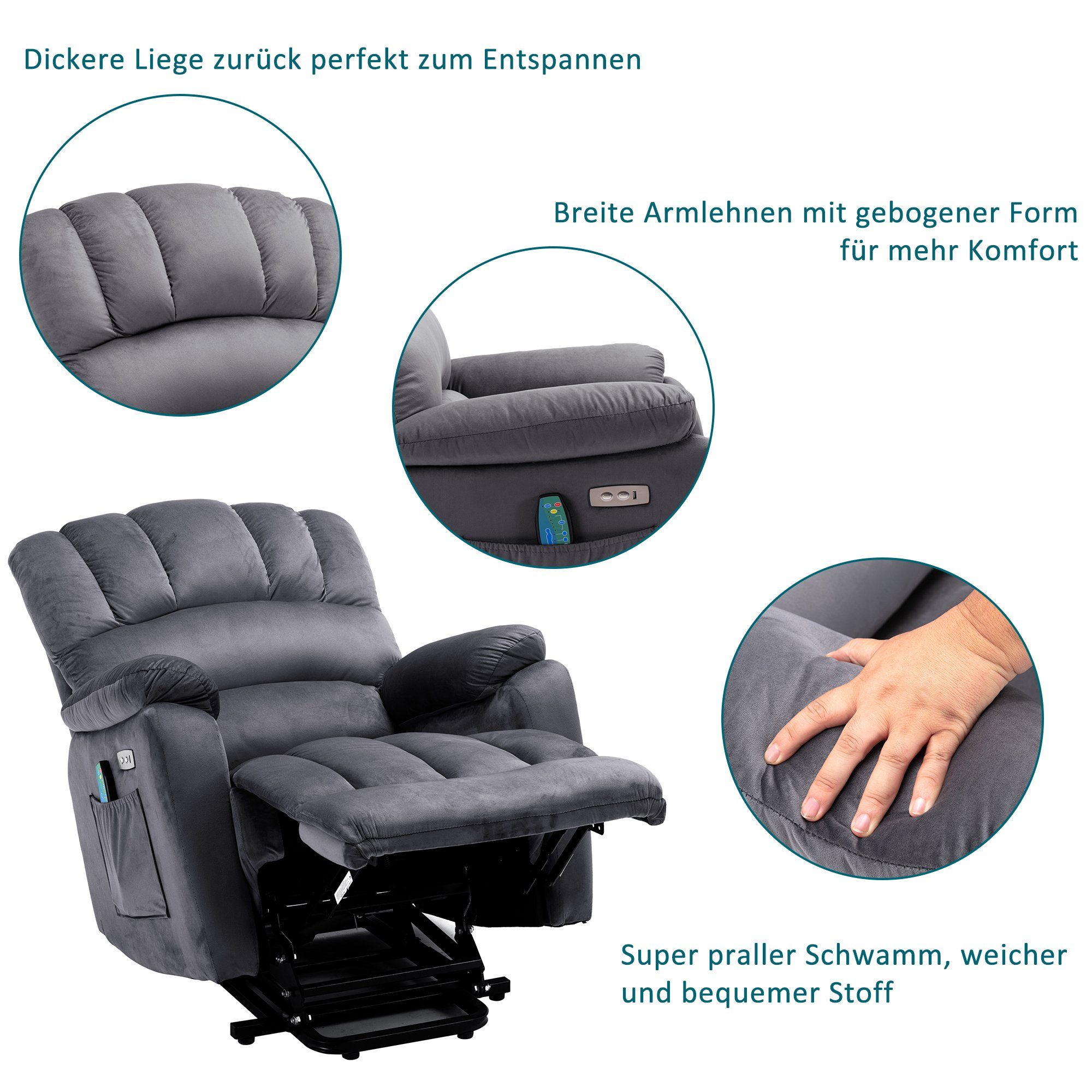TV-Sessel Ulife USB-Verstellung Wärmefunktion Relaxsessel Vibration, mit Massagesessel Relaxliege und Aufstehhilfe, Grau