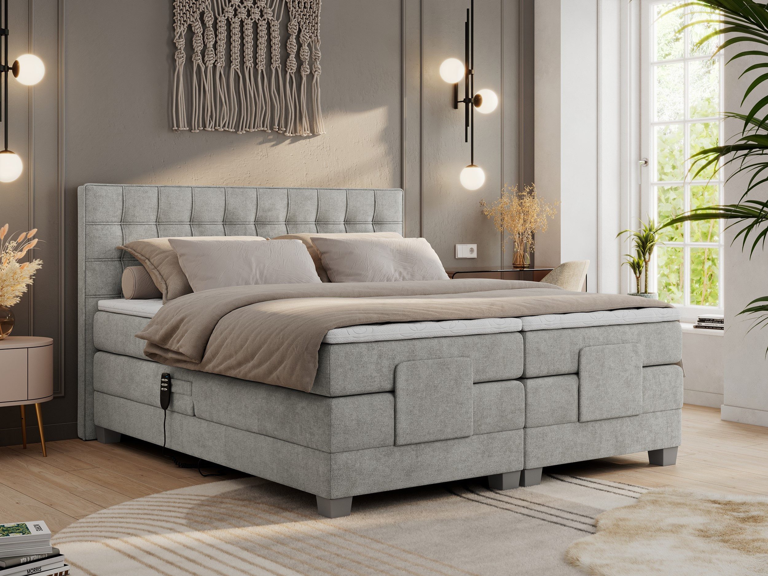 MKS MÖBEL Boxspringbett ELECTRO (Set, Packung, Multipocket-Matratzen, T30-Schaum, Elektrische Matratzenverstellung), Elektrisch verstellbare, Doppelbett mit Kopfteil, Topper T25/Visco