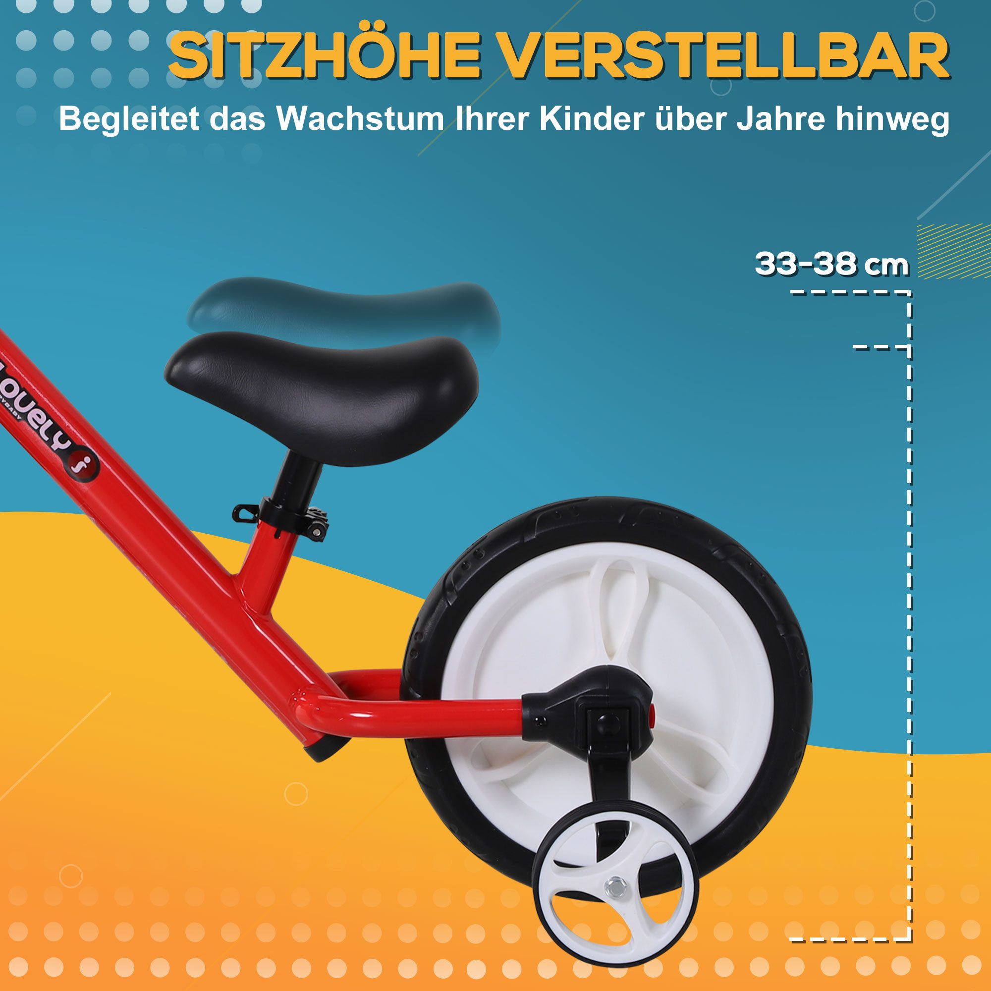 HOMCOM Laufrad Kinder Lauflernrad ab 2-5 Jahre mit Stützrädern 12 Zoll, Rot 85 x 36 x 54 cm – Bild 4 von 5
