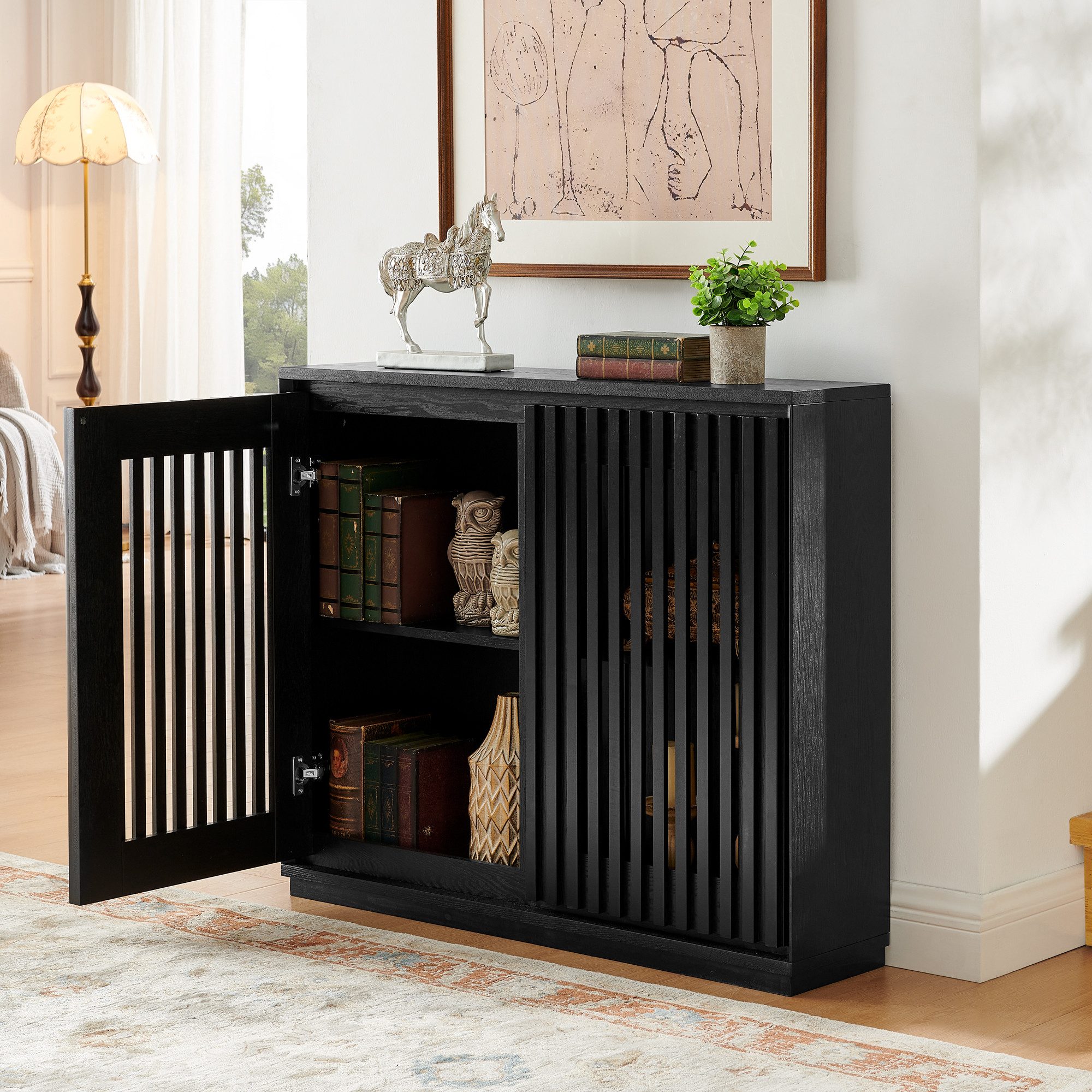 Celya Sideboard Buffetschrank Aufbewahrungsschrank mit 2 Tür (99 x 23.5 x 82.6, Mittelalterlich-moderner Stil, ausgehöhlter Schrank)