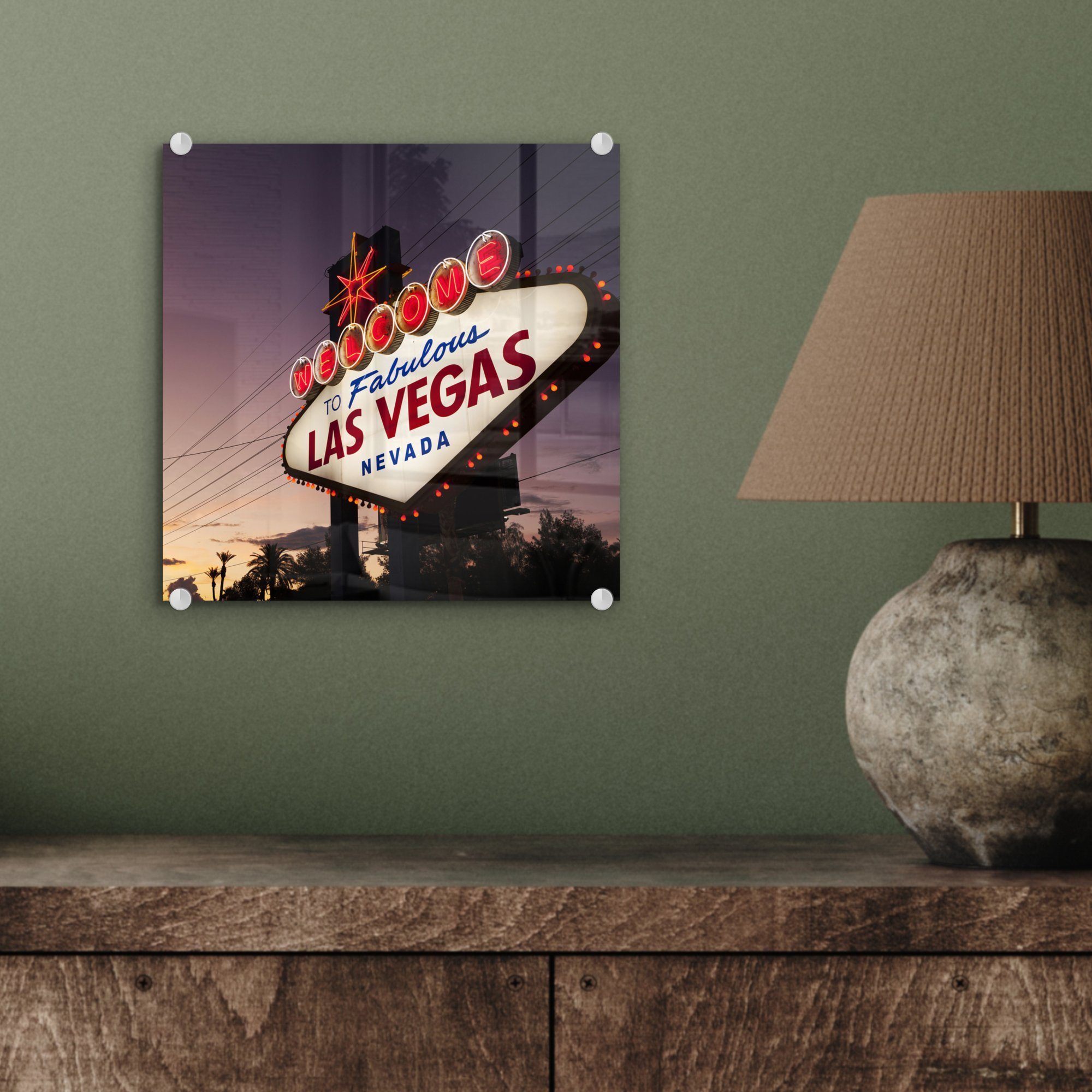 - Las auf - Vegas der (1 Foto - Wandbild auf MuchoWow Staaten, Vereinigte Abenddämmerung Bilder Glasbilder Wanddekoration Glas - in Acrylglasbild Willkommensschild Glas St),