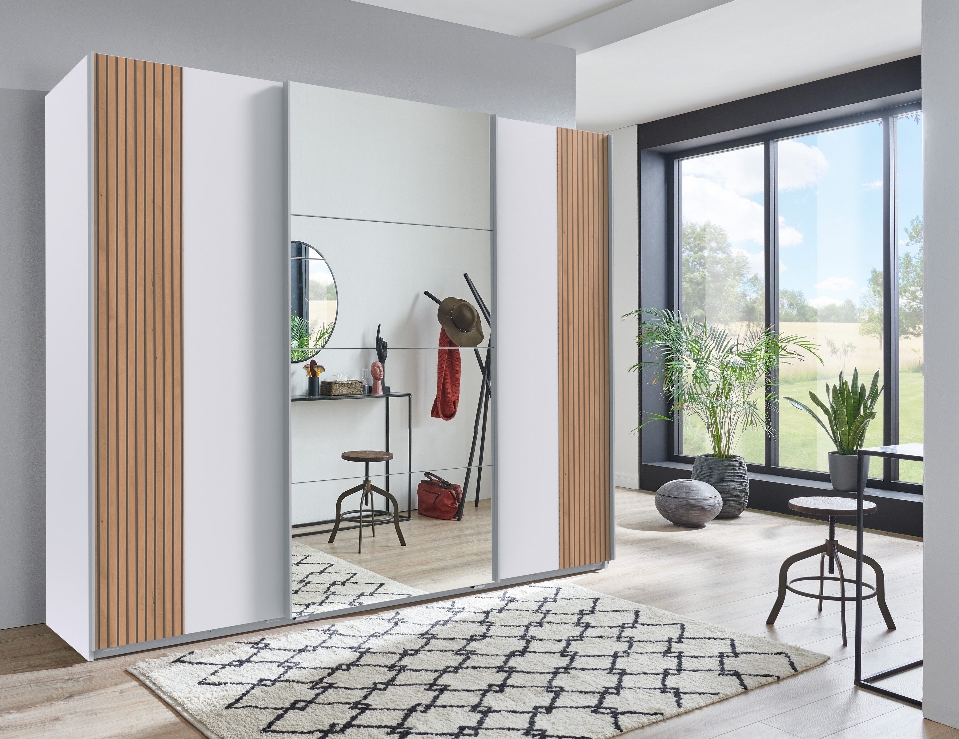 Wimex Schwebetürenschrank Spiegel, Weiß / Akustiklamelle Artisan Eiche - 225x208x64cm (BxHxT)