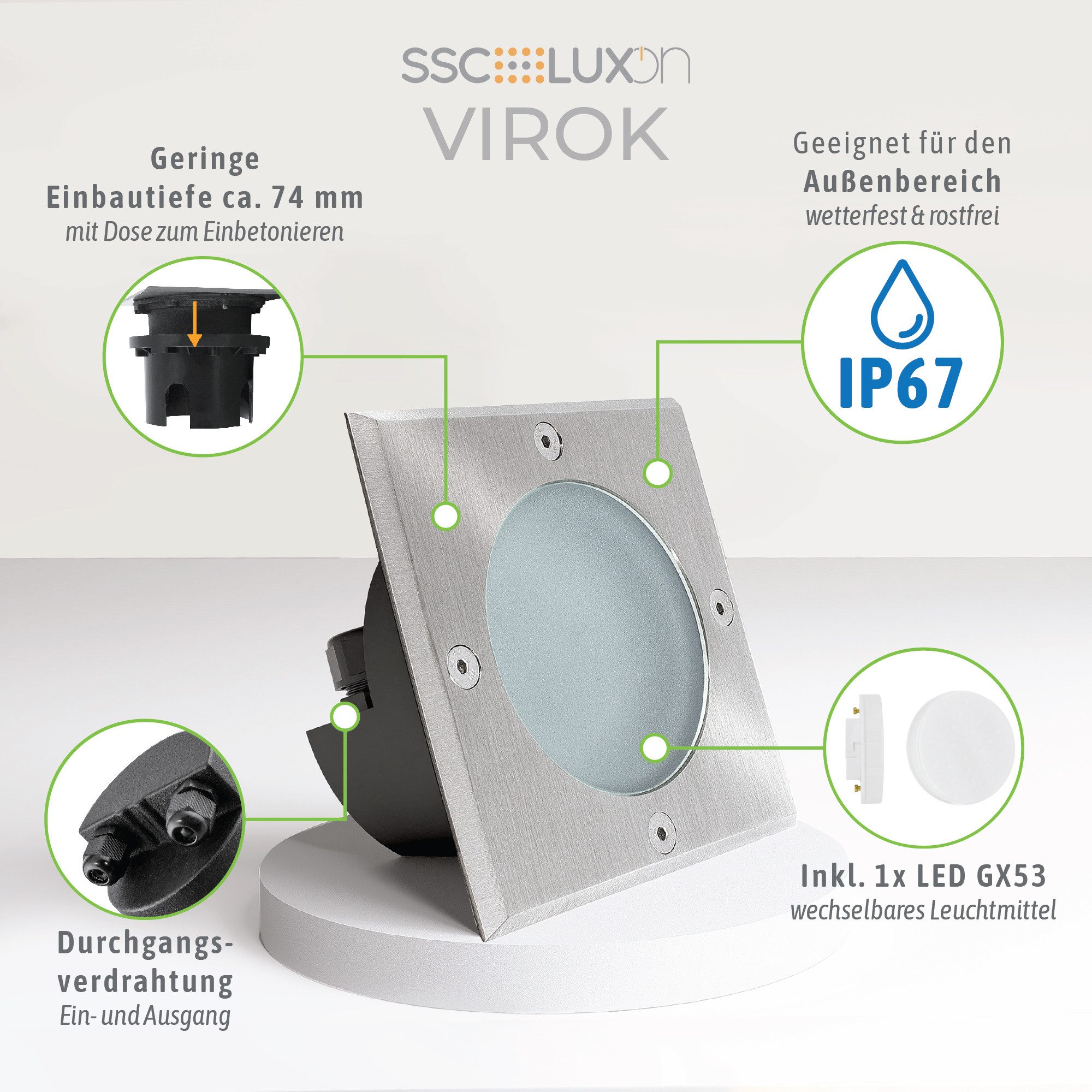 SSC-LUXon LED Gartenstrahler Bodenstrahler VIROK IP67 LED 5W austauschbares Glas 3CCT 3 Lichtmodi, Warmweiß