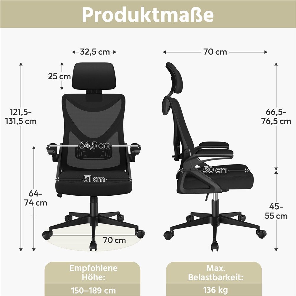Yaheetech Drehstuhl mit Hochklappbaren Armlehnen & Verstellbarer Kopfstütze, Ergonomischer Bürostuhl Schreibtischstuhl mit flexiblem Lendenkissen – Bild 4 von 5