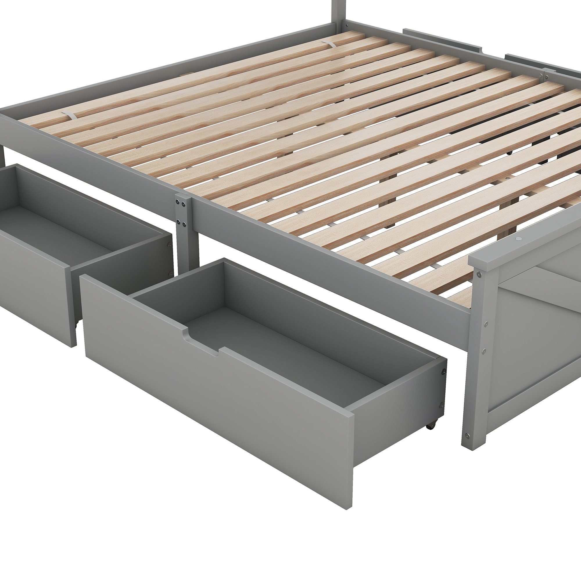 Matratze Grau mit Schubladen, Ohne Einfaches Holzpritschenbett vier REDOM 160x200cm Funktionsbett